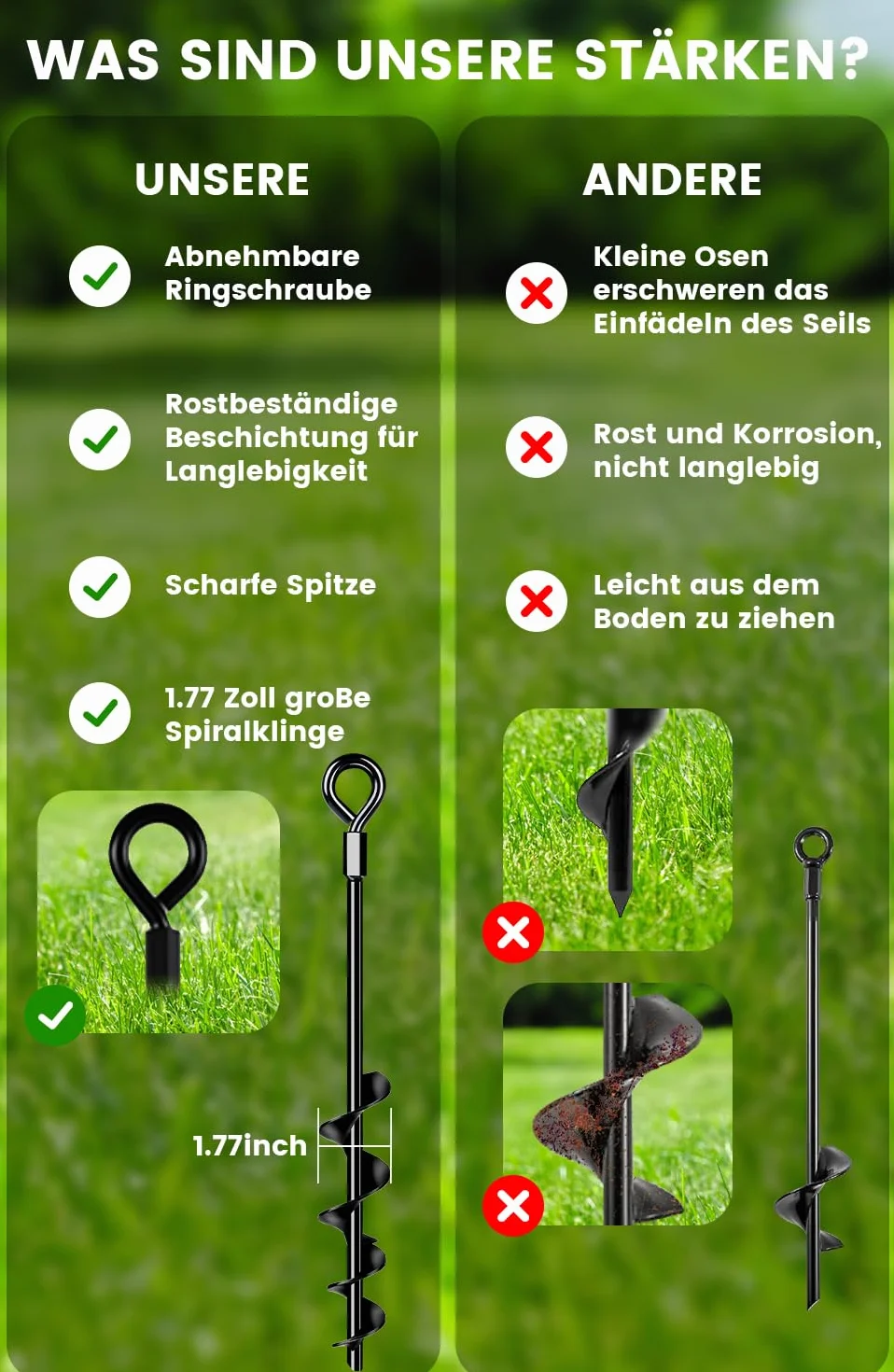 Ancoraggio a terra 48 cm, confezione da 4 con cinghie resistenti, ancoraggio a terra da avvitare nel terreno per tende, altalene, tettoie, particolarmente stabili e facili da installare