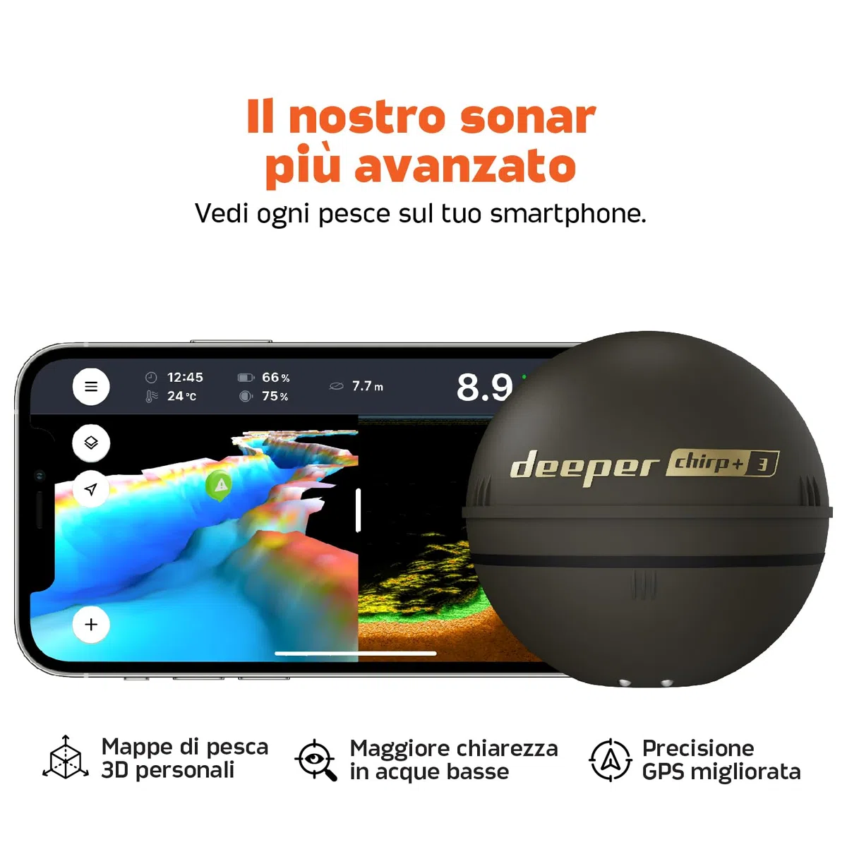 Fish finder wireless con GPS e creazione di mappe 3D - DEEPER - CHIRP+3D - Nero