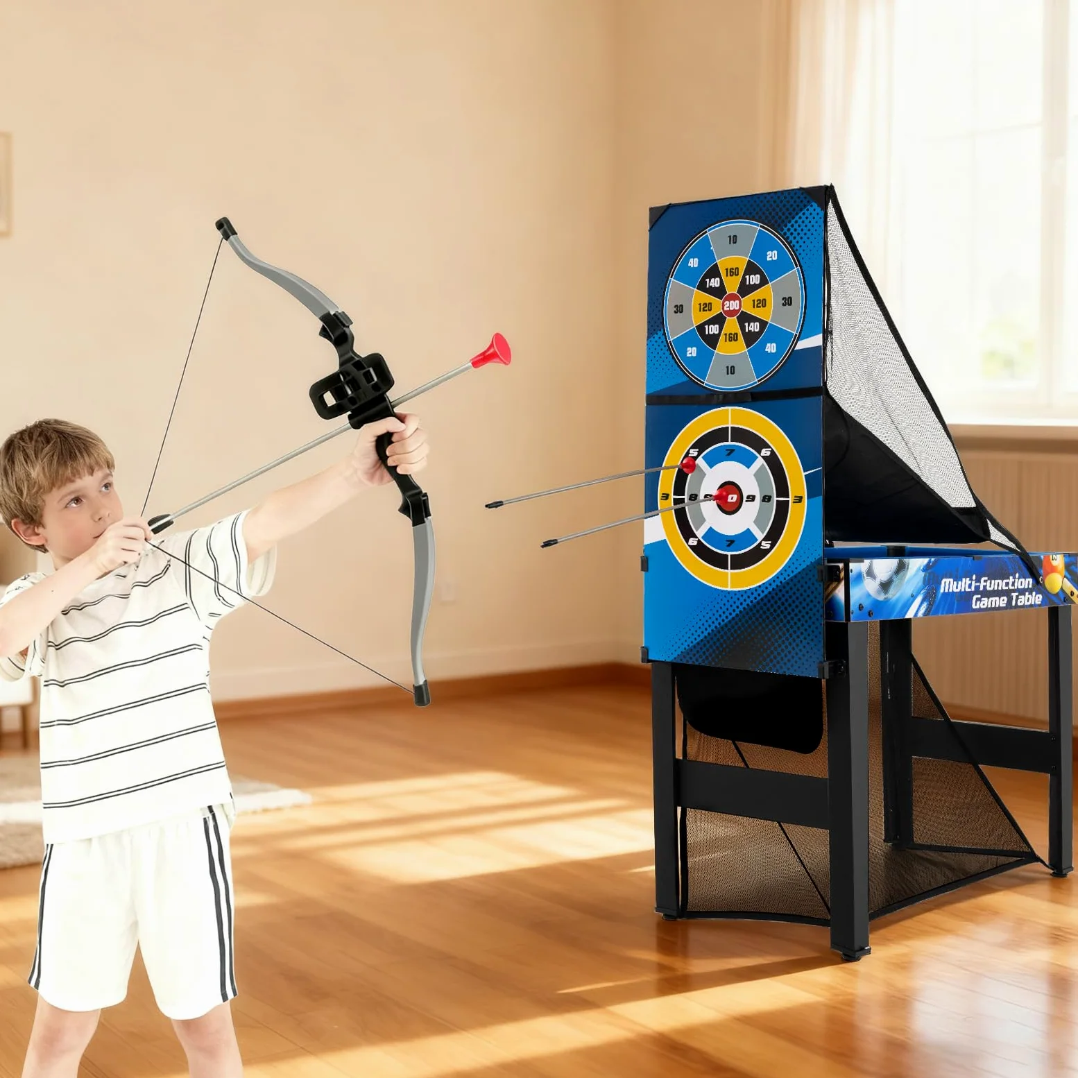 COSTWAY 10 in 1 Tavolo Multigioco, Set Tavolo da Gioco Multifunzione con Biliardo, Hockey, Ping Pong, Basket, Calcio, Tiro, Flipper, Freccette, Tiro con l'Arco e Borsa, Impilabile, 106 x 51 x 148 cm