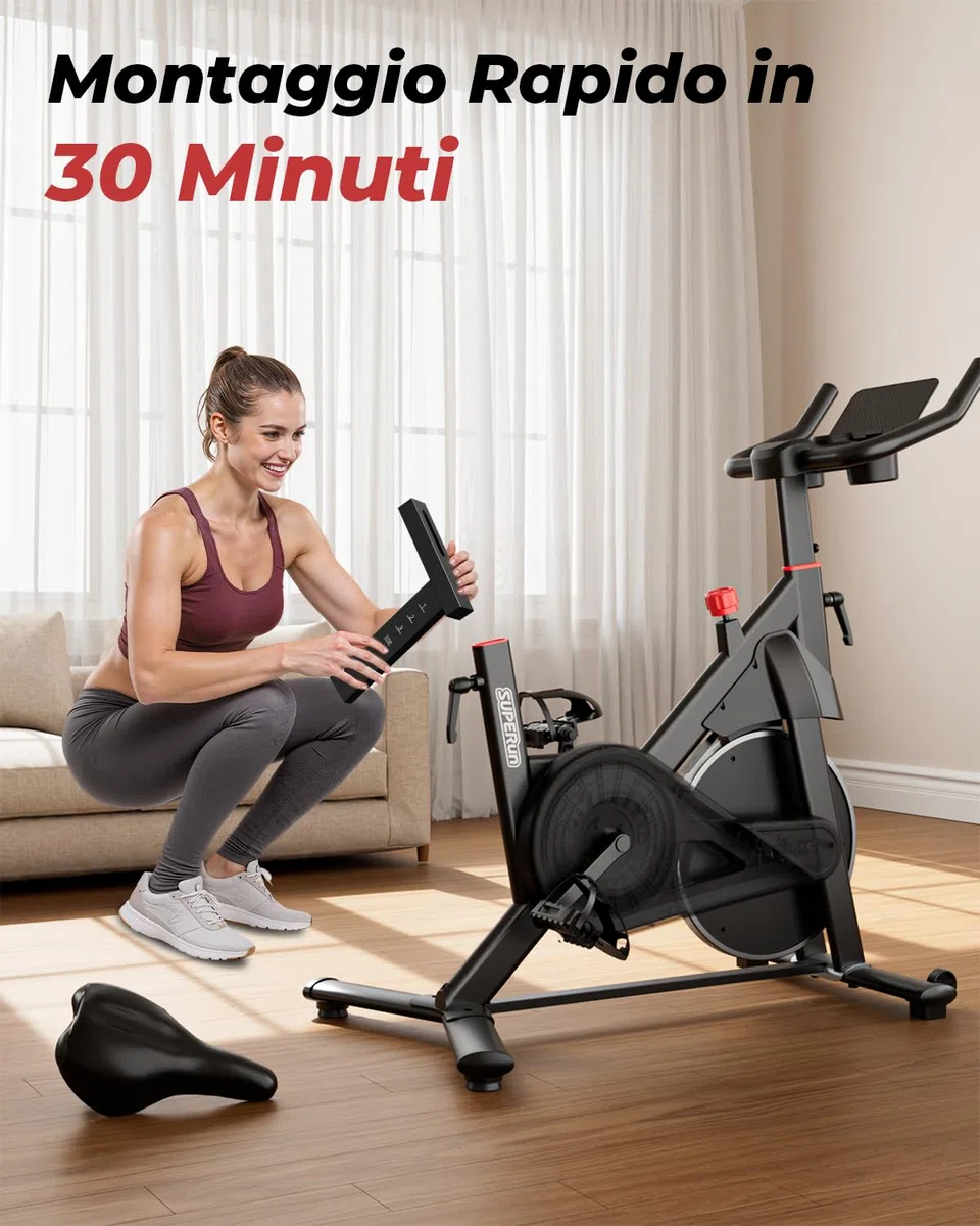 Superun Cyclette da Casa Magnetica a 32 Livelli, Cyclette per Casa Controllo APP, Cycletta Spinning Ultra Silenziosa, Spin Bike Sedili Comodi e Traspiranti, Aerobico Domestico, Supporto fino a 136KG