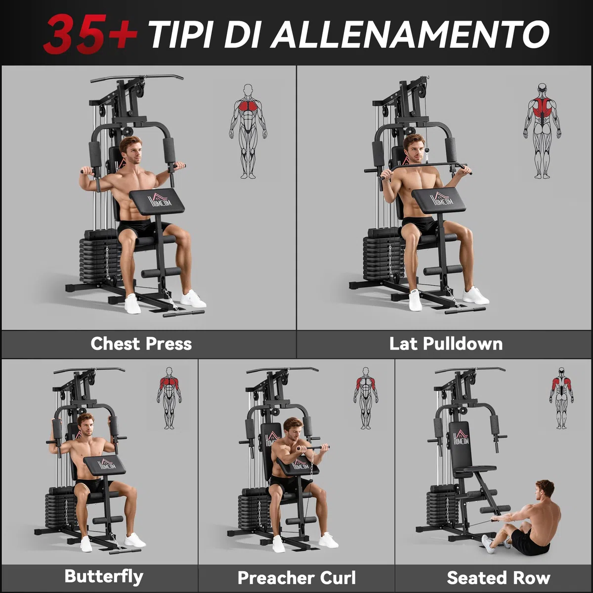 HOMCOM Stazione Fitness Multifunzione Power Tower con Pesi fino 45kg e Panca Imbottita per Allenamento a Casa e Professionale, per Chest Press, Lat Pull Down