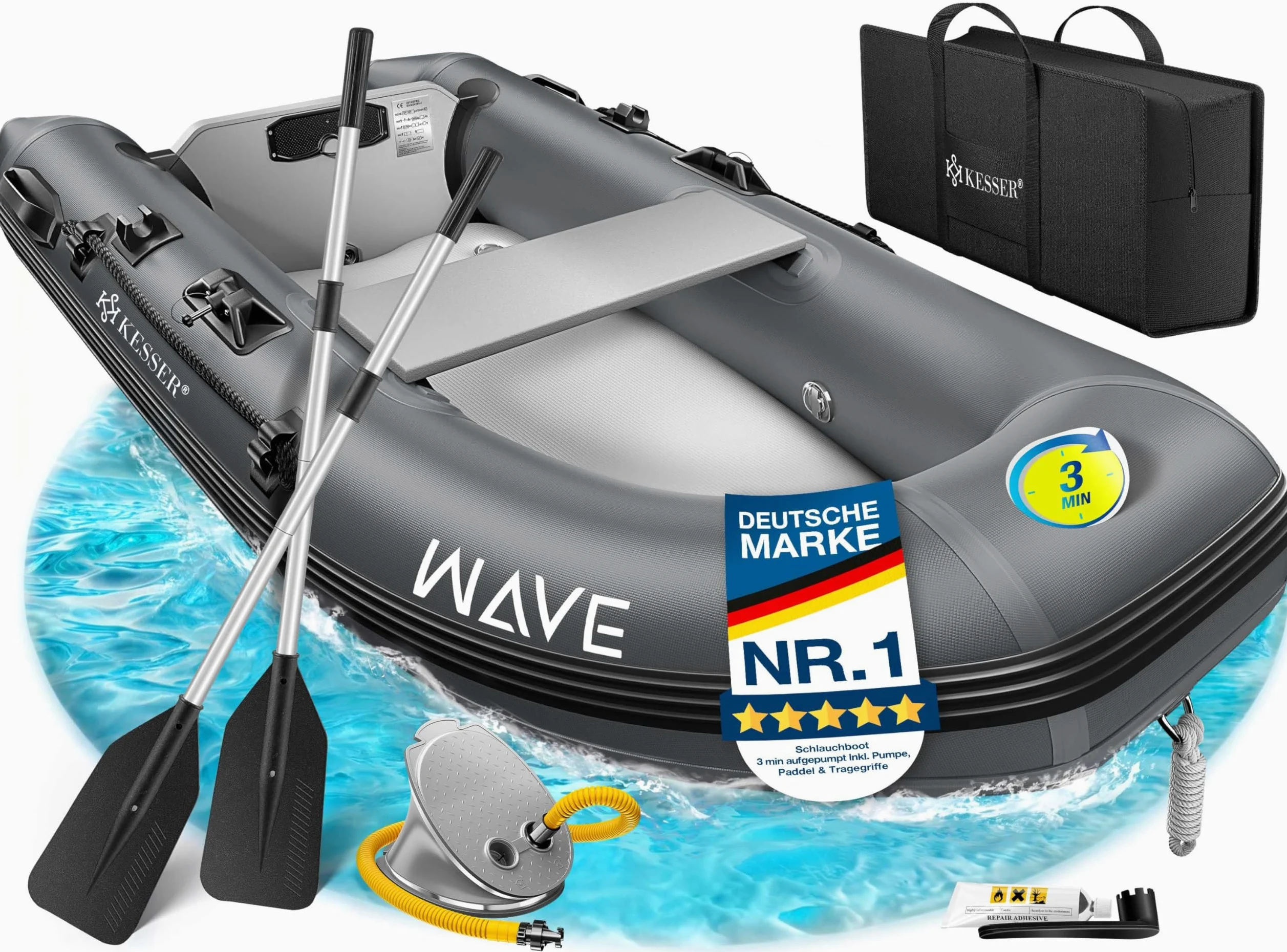 KESSER® Gommone 2,30 m per 2 persone, adatto per il tempo libero, barca a motore, barca da pesca, con 1 panchina, set di riparazione e borsa gonfiabile, in PVC, antracite