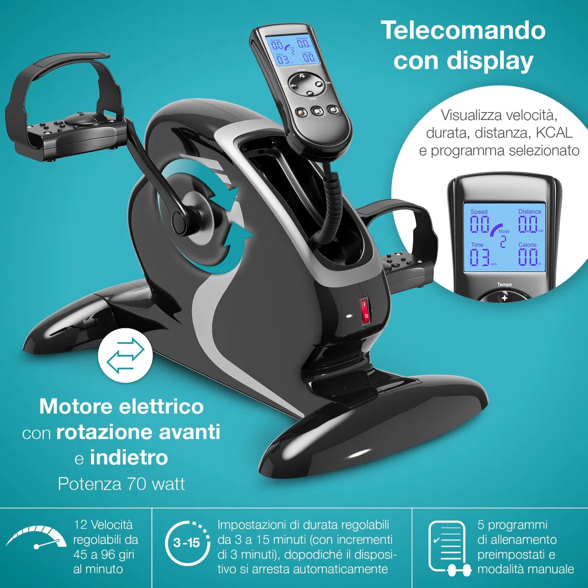 ELONEO Mini Cyclette da Casa - Attrezzo 2 in 1 per Esercizi di Braccia e Gambe da Seduti, Motorizzata, Pedaliera Riabilitazione, 12 Velocità, Display LCD, Maniglie Massaggianti, per Letto