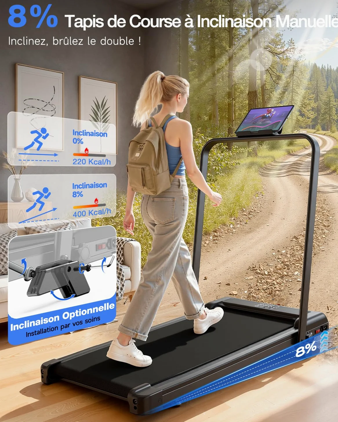 Tapis Roulant Elettrico 4 in 1 Pieghevole con Inclinazione 8% – 3.0CV Motore Silenzioso, 10 km/h, Sistema di Ammortizzazione, Schermo LED, Salvaspazio per Casa e Ufficio