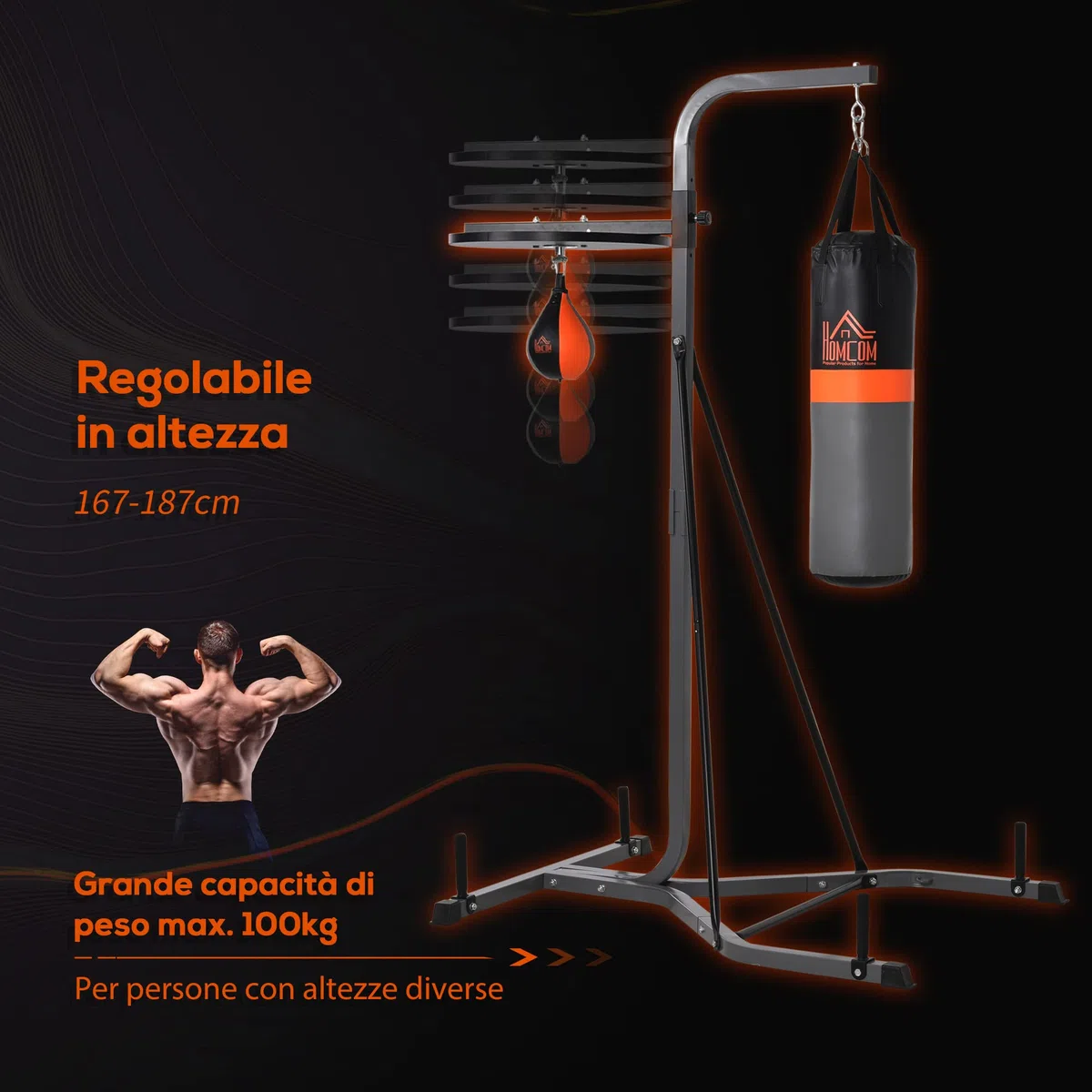 HOMCOM Stazione Multiuso Regolabile con Sacco da Boxe 20kg e Punching Ball per Allenamento Pugilato