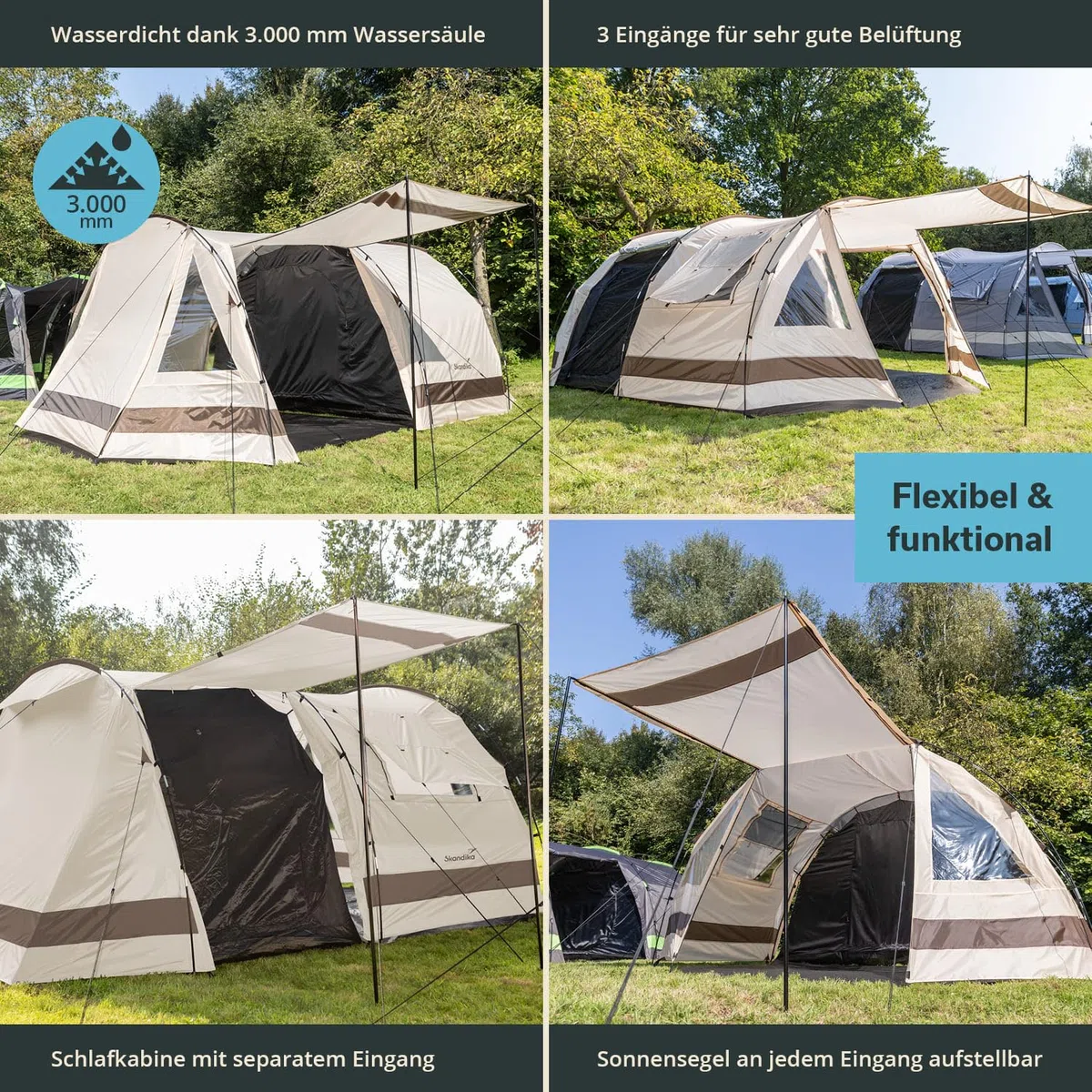 Skandika Kambo - Tenda de campeggio tunnel - Cabina letto per 6/8/12 persone - Impermeabile con 3000 colonne d'acqua - 2 m di altezza - 3 ingressi - tenda da sole