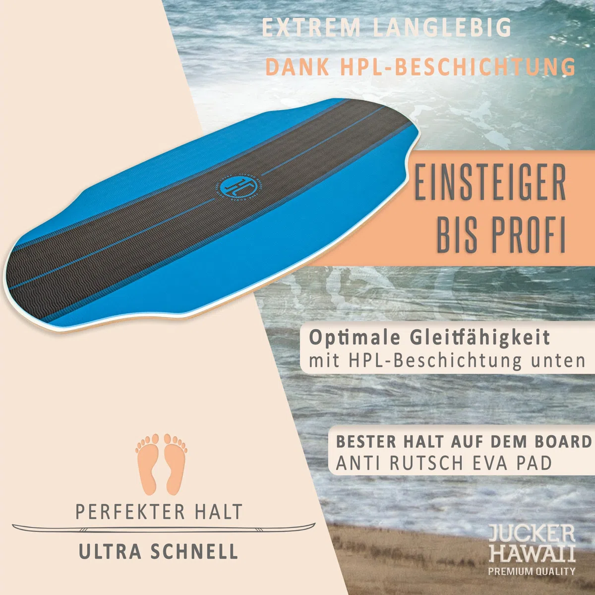 JUCKER Hawaii Skimboard HPL, scorrevolezza professionale, superficie antiscivolo