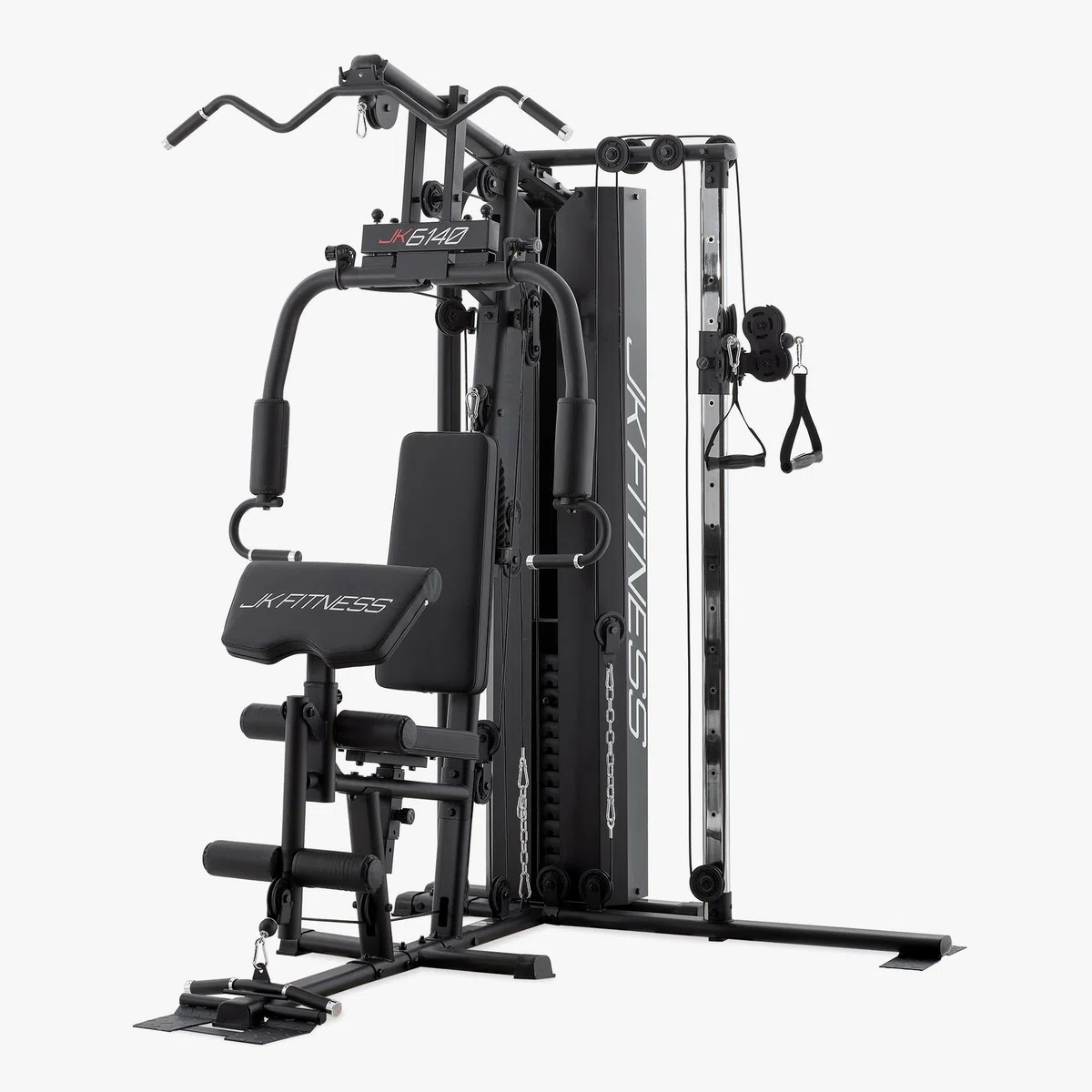 JK FITNESS [Stazione Multifunzione Con Double Pulley Laterale Pacco Pesi 80Kg] MultiGym Macchina A Cavi Home Gym Cavi Acciaio 5mm, Carrucole 9cm, Regolazioni Sedile 3 Schienale 5, JK6140 FullBlack Pro