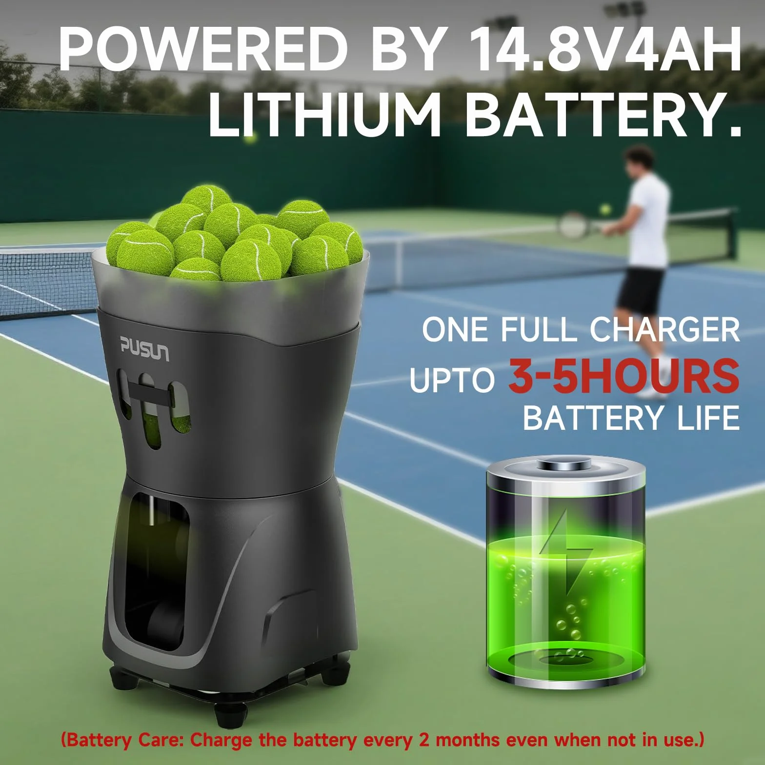 PUSUN - Macchina per lanciare palline da tennis, per bambini/principianti, capacità 65 + palline, doppio controllo tramite app e telecomando, durata della batteria 3-5 ore, attrezzatura portatile per
