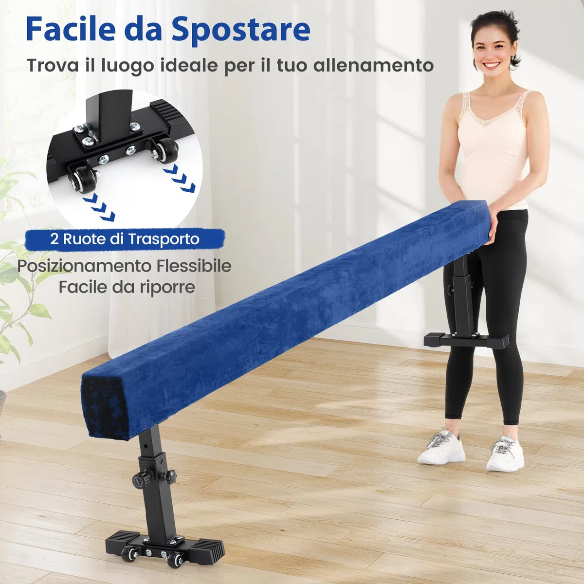 COSTWAY Trave Ginnastica Artistica per Casa Regolabile 226 cm, Trave di Equilibrio con Ruote e 3 Altezze Regolabili e Gambe Robuste per Principianti e Professionisti