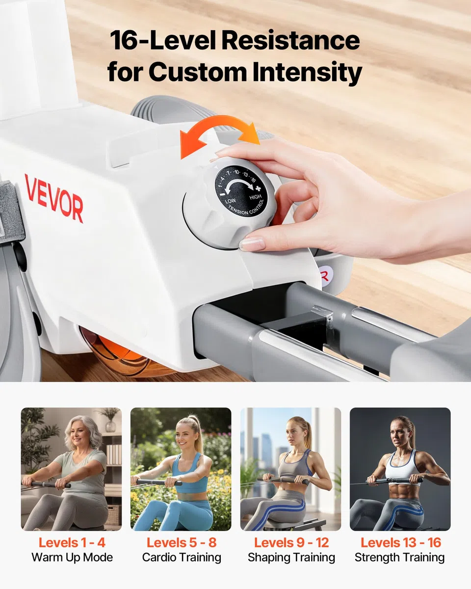 VEVOR Vogatore Magnetico Regolabile a 16 Livelli Vogatore Pieghevole per Casa Capacità di Peso da 158 kg per Allenamento Fisico Fitness, Compatibile con APP Bluetooth e Monitor LCD da Palestra