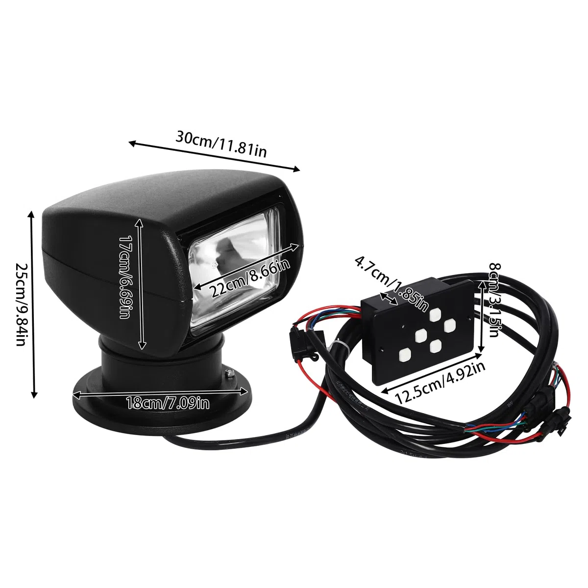 Faro di ricerca radiocomandato da 100 W, distanza di illuminazione 800 m, girevole a 355°, lunghezza del cavo di alimentazione, 4,5 m, adatto per navi notturne, pattuglie, polizia acquatica, barche da