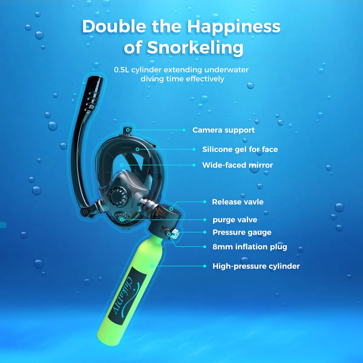Maschera subacquea con mini bombola da 0,5 l, può respirare sott'acqua per 6 minuti, utilizzata per immersioni ricreative e salvataggio di emergenza
