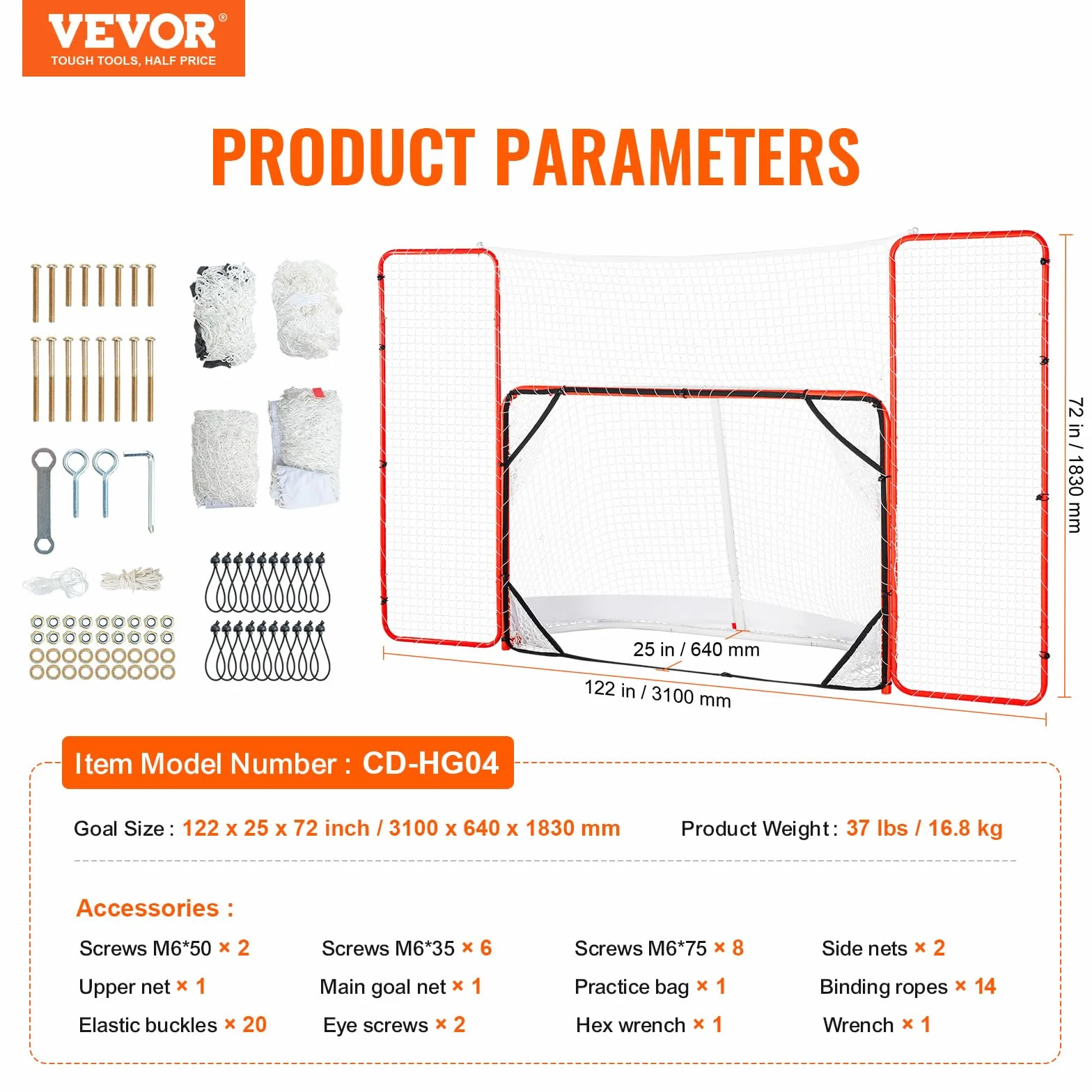 VEVOR Porta da Hockey con Parapetto e Bersagli, Rete da Hockey in Acciaio, Set di Porte da Allenamento per Hockey da 1830 mm Porta da Hockey Portatile per Interni ed Esterni con Rete, Bianco e Rosso