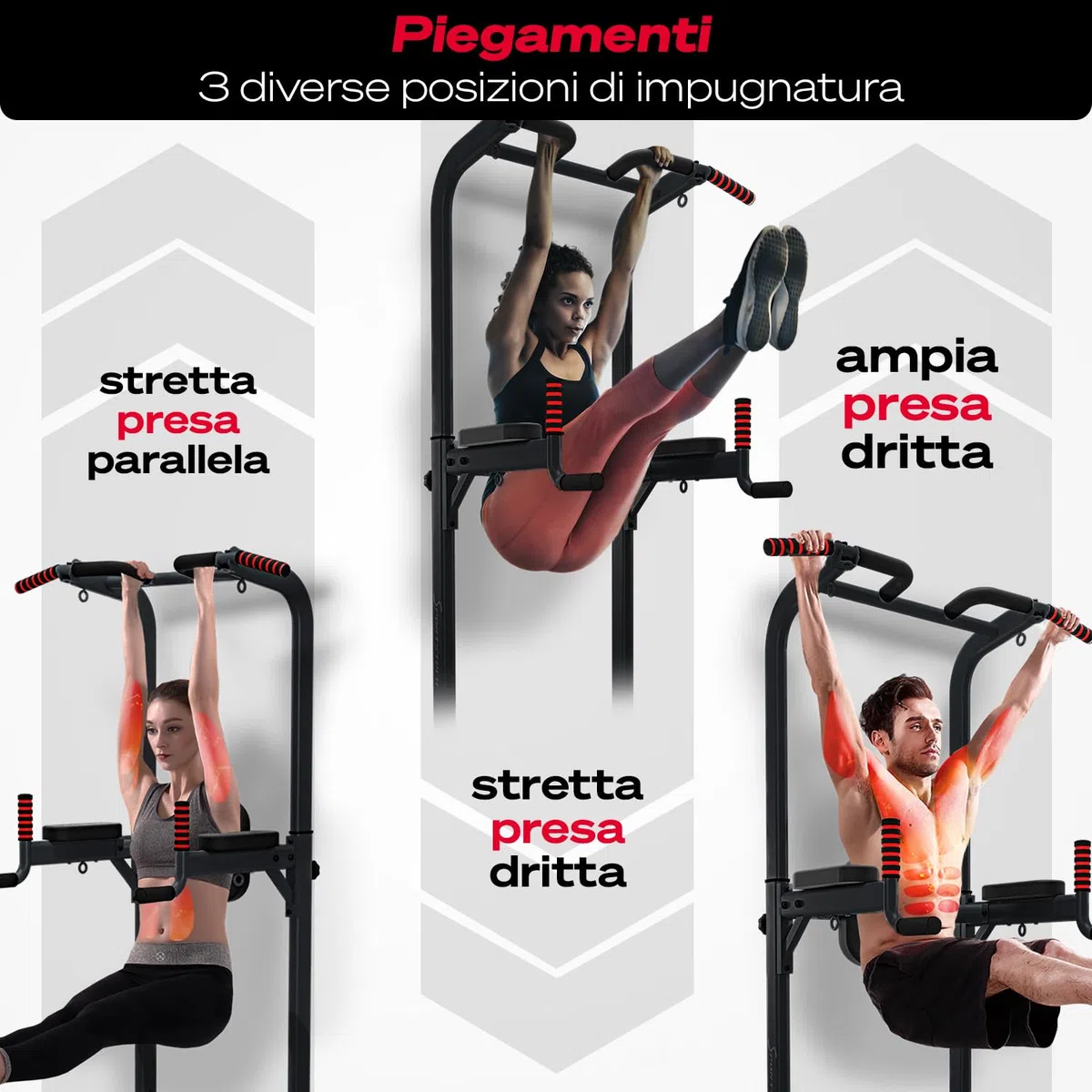 Sportstech Power Tower PT300 | Stazione di allenamento multifunzionale 7 in 1 | Torre per bodybuilding per trazioni e dip | Impugnature per flessioni + Anelli per corde di resistenza e sospensione
