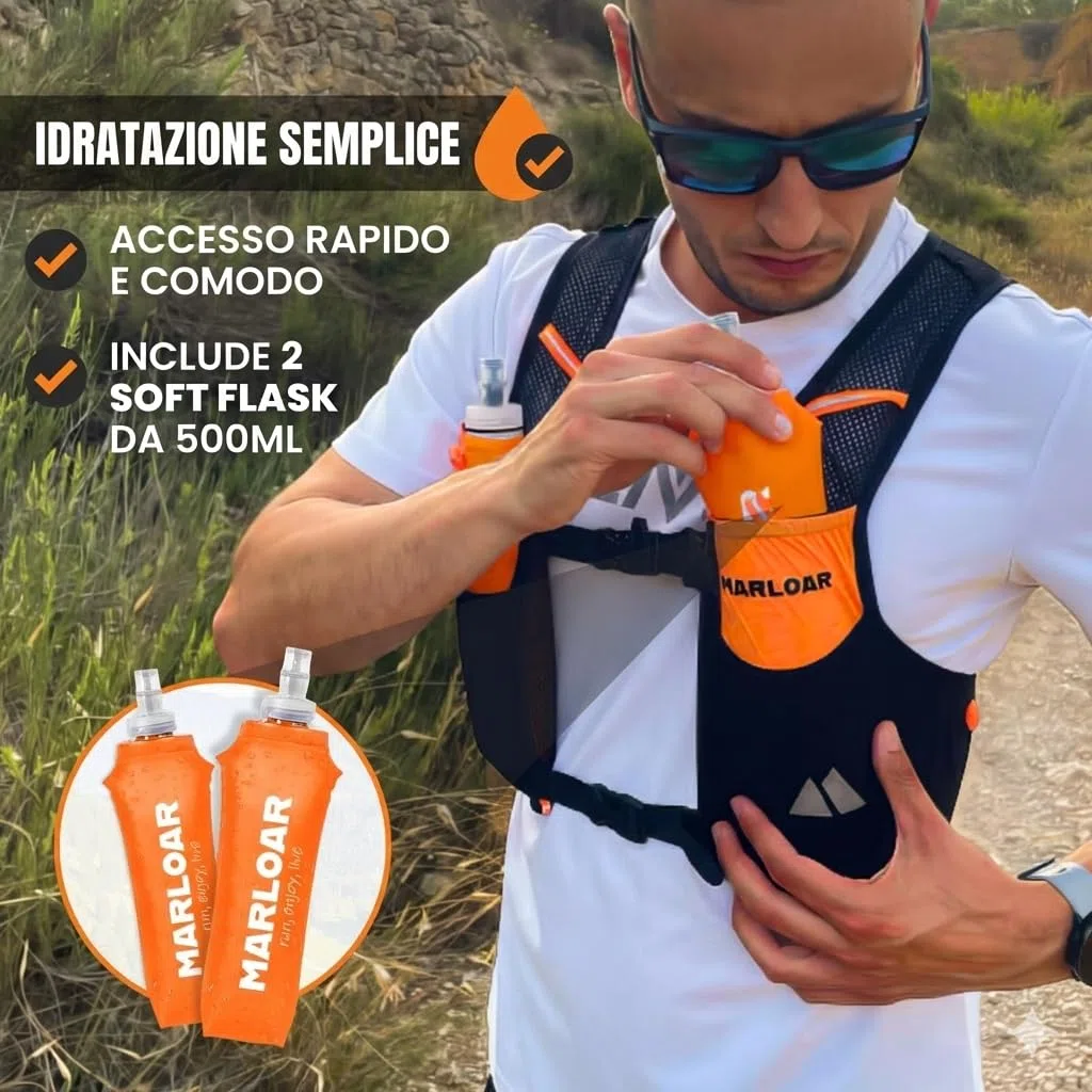 Zaino Trail Running con 2 Soft Flask – Gilet Idratazione Ultraleggero e Traspirante per Corsa, Trail ed Escursionismo – Vestibilità Stabile