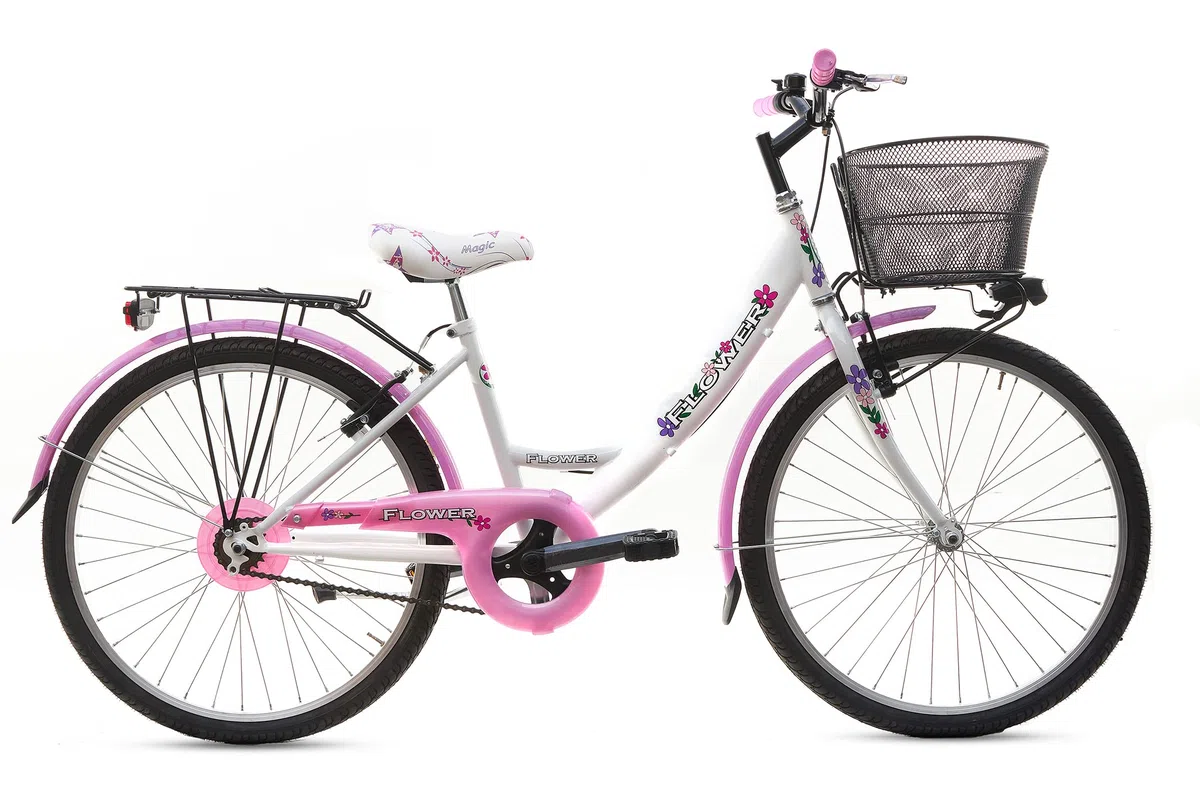 MADICKS Bicicletta Bambina Ragazza da Passeggio Misura 24 Bici con Cestino Floreale Bianco Rosa