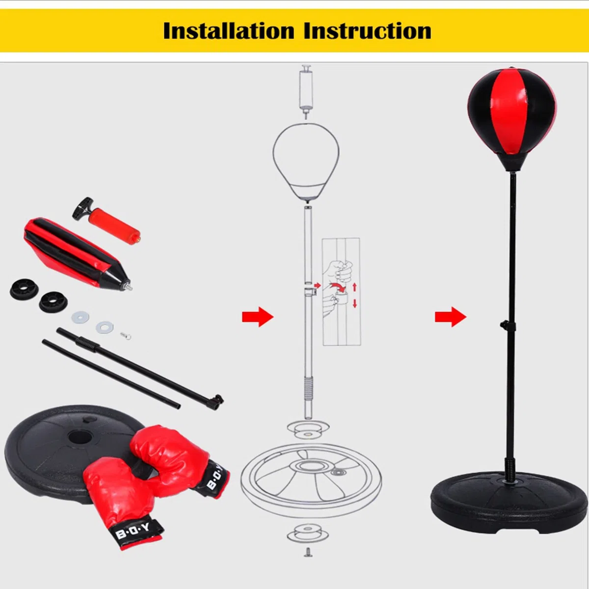 Set da Boxe Con Punching Ball, Supporto Regolabile 75-105 cm, Guantoni, Pompa - Sport e Allenamento di Combattimento
