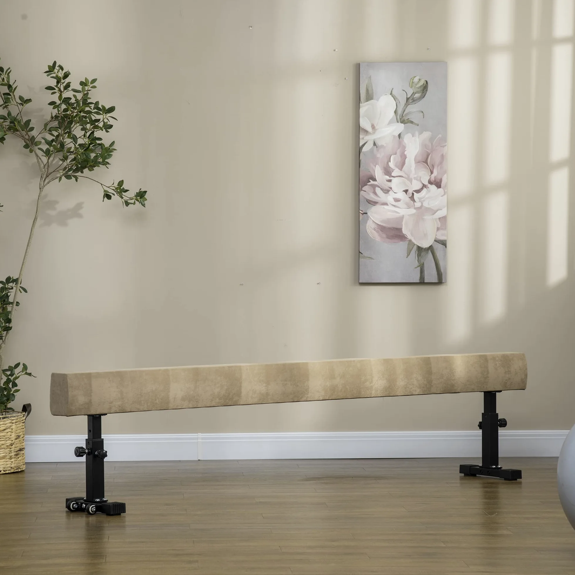 HOMCOM Trave Ginnastica Artistica da Casa con Altezza Regolabile, Ruote e Piedini Antiscivolo, per Bambini da 3-12 Anni, 226x31x59cm, Marrone