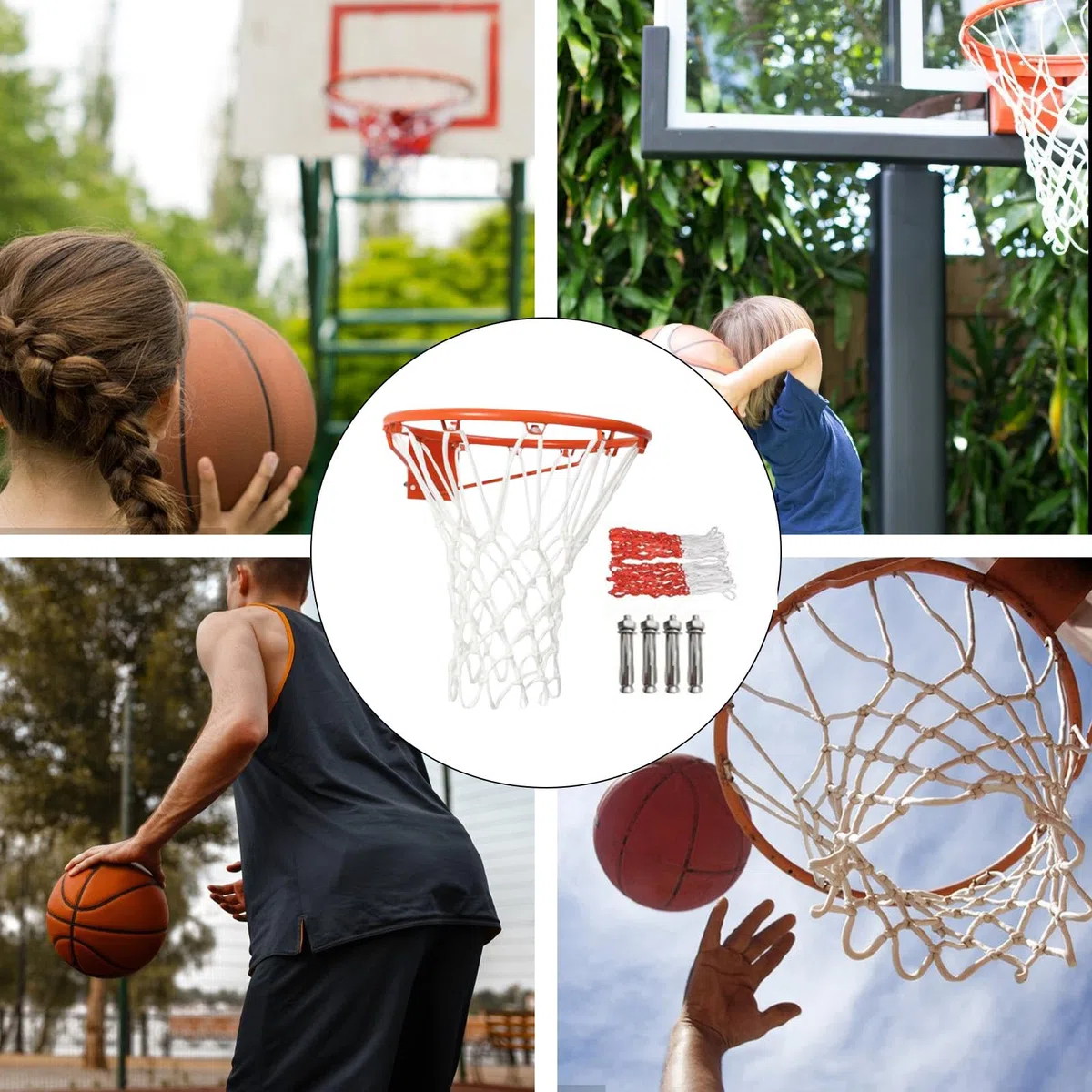 Canestro da basket da parete (35 cm), cerchio di ricambio per canestro da basket, con rete ispessita, per palloni da basket di dimensioni standard, include ago di gonfiaggio