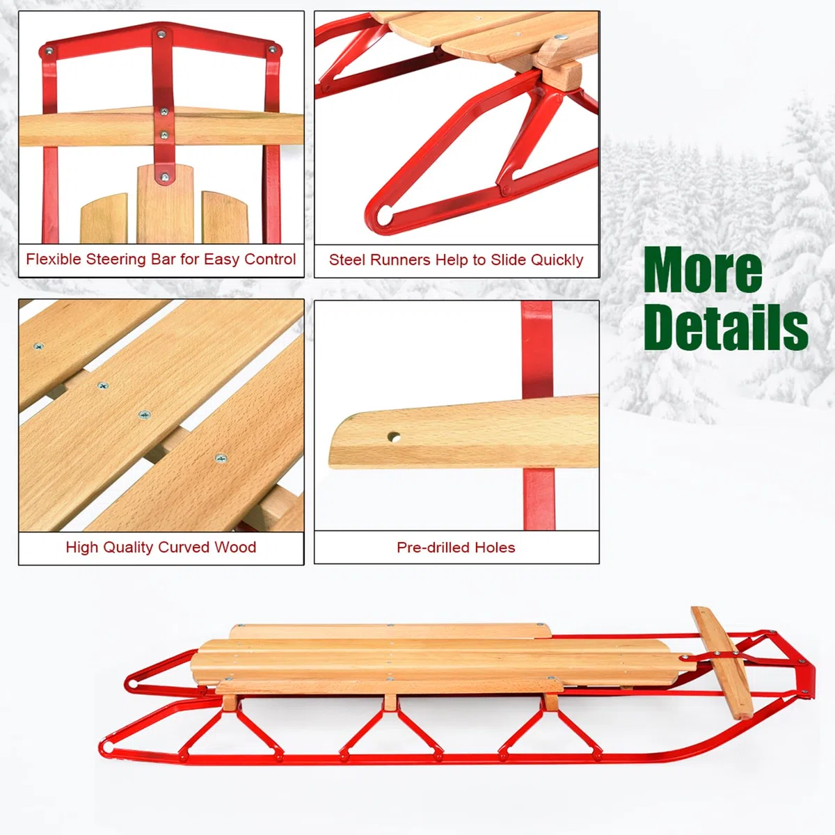 KOMFOTTEU Slittino in Legno e Metallo, Slitta da Neve Portato fino a 150 kg, con Pattini e Maniglie, Slittinoie per Bambini e Adulti, 137 x 58 x 16 cm