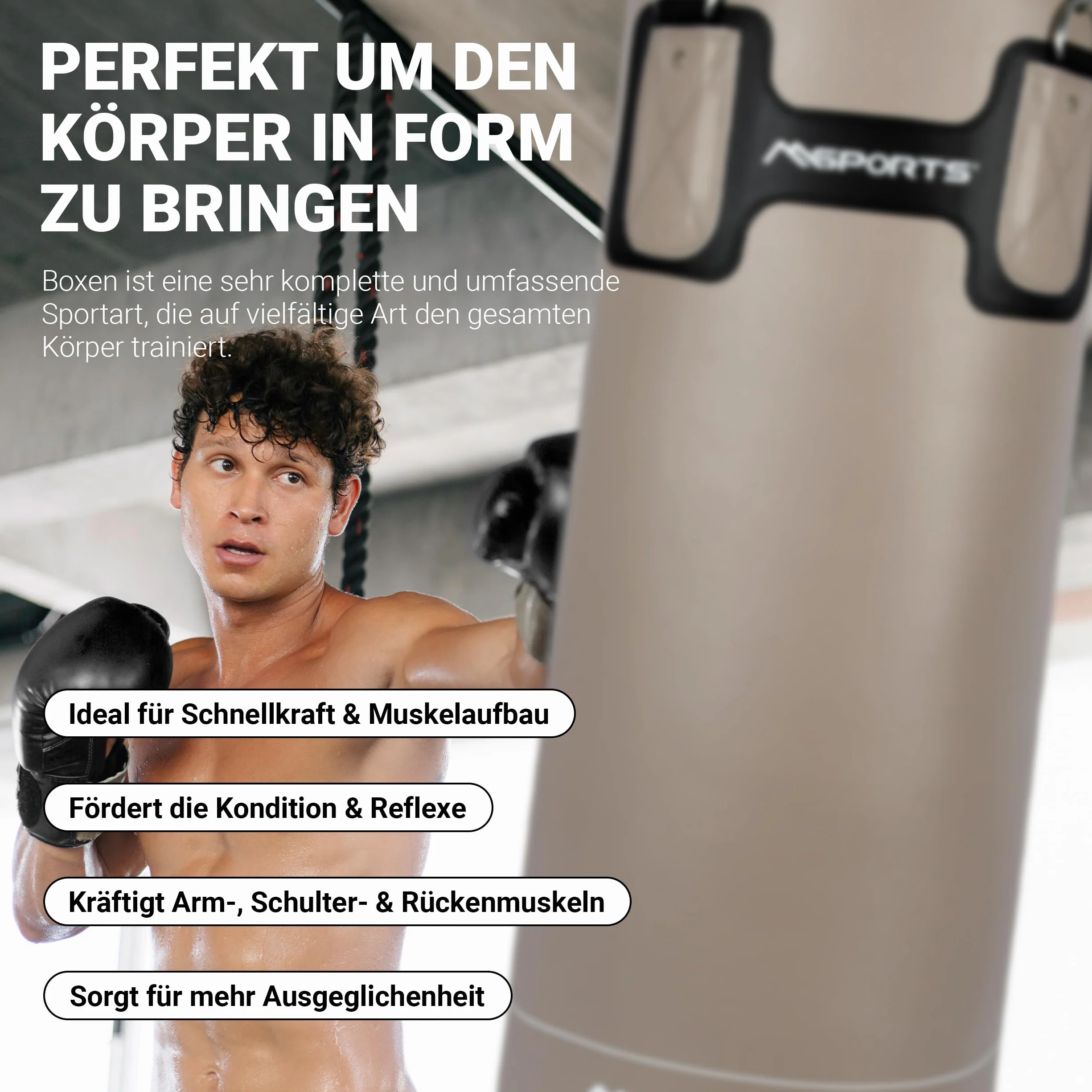 MSPORTS Punch Bag Set Premium 80 × 30 cm – Sacco da boxe 25 kg + guantoni da boxe e bende – allenamento boxe, kickboxing & fitness a casa o in studio