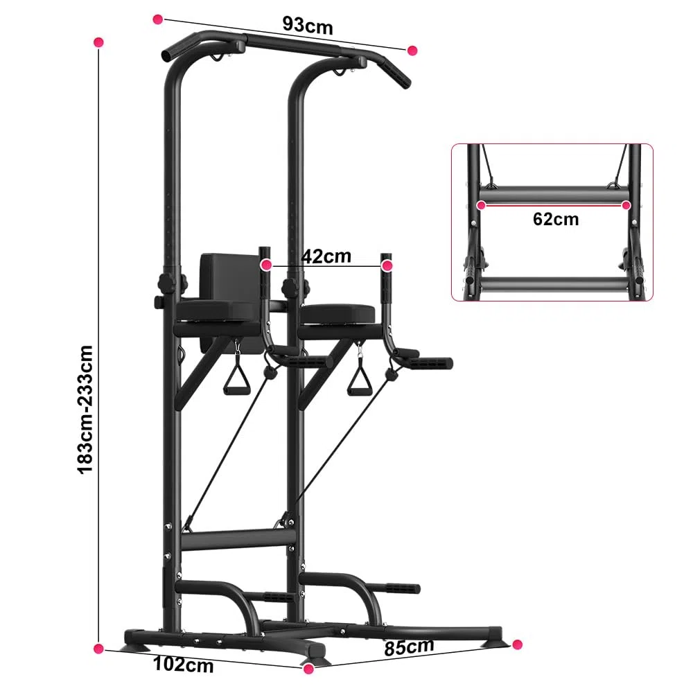 Torre da Allenamento con Barra per Trazioni e Stazione Dip per Palestra Domestica, Altezza Regolabile, Portata 150 KG con Ventole Antiscivolo, Base in Acciaio a Forma di H