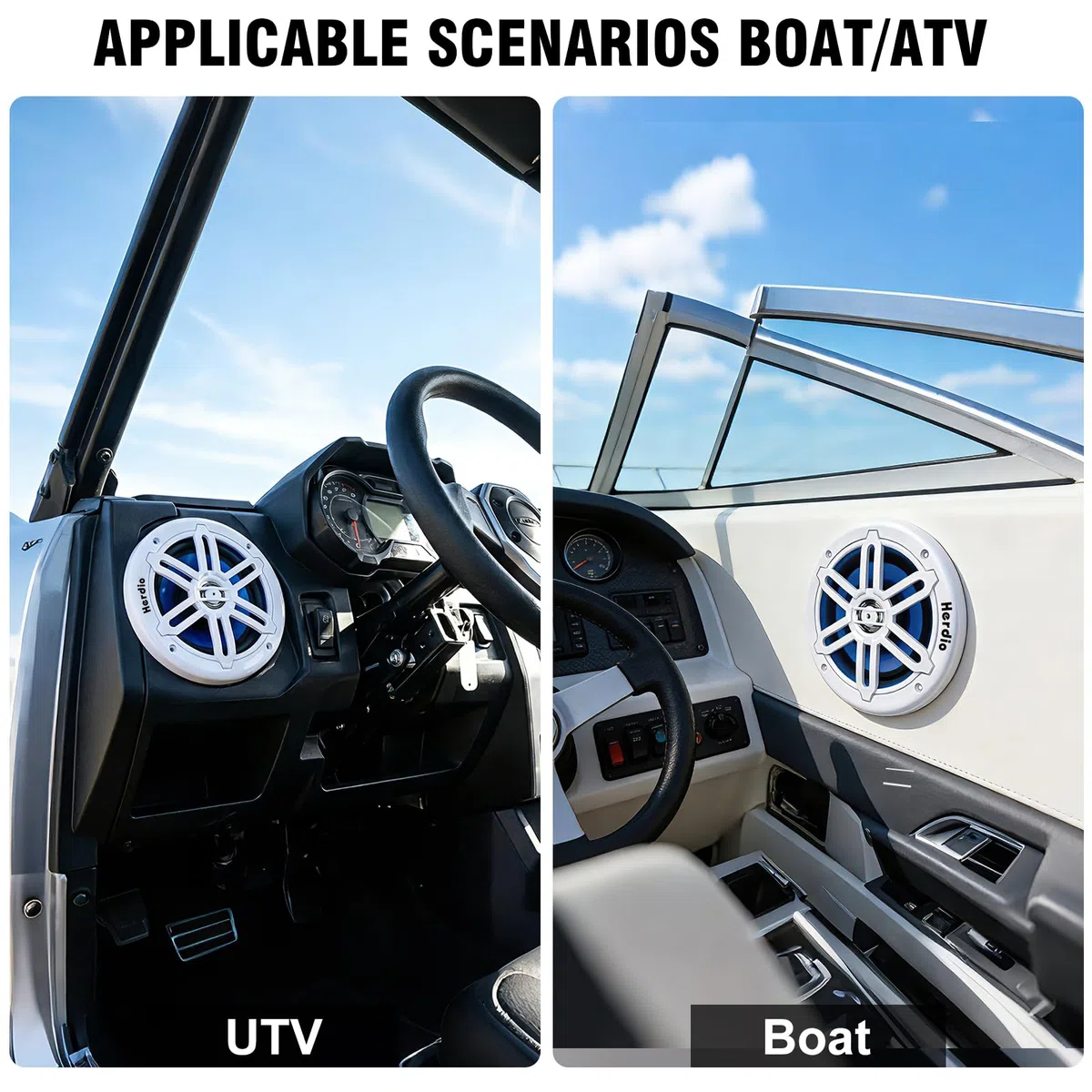 Herdio 8" 450W Marine Speakers - IP66 Waterproof Coaxial Audio, with Blue LED Light for Boats, ATVs, UTVs with UV Resistant White Grille (A Pair)