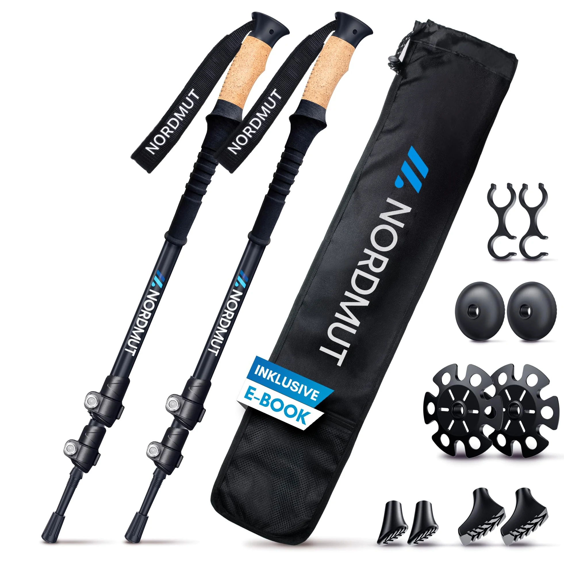 NORDMUT® Bastoni da trekking telescopici di alta qualità, in alluminio e carbonio, per nordic walking, regolabili per uomo e donna, con set di gommini e manico in vero sughero