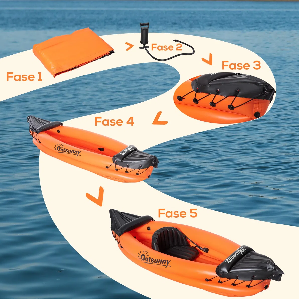 Outsunny Canoa Gonfiabile 1 Posto Kayak con Remo in Alluminio, Kit Riparazione e Pompa per Gonfiaggio, Arancione