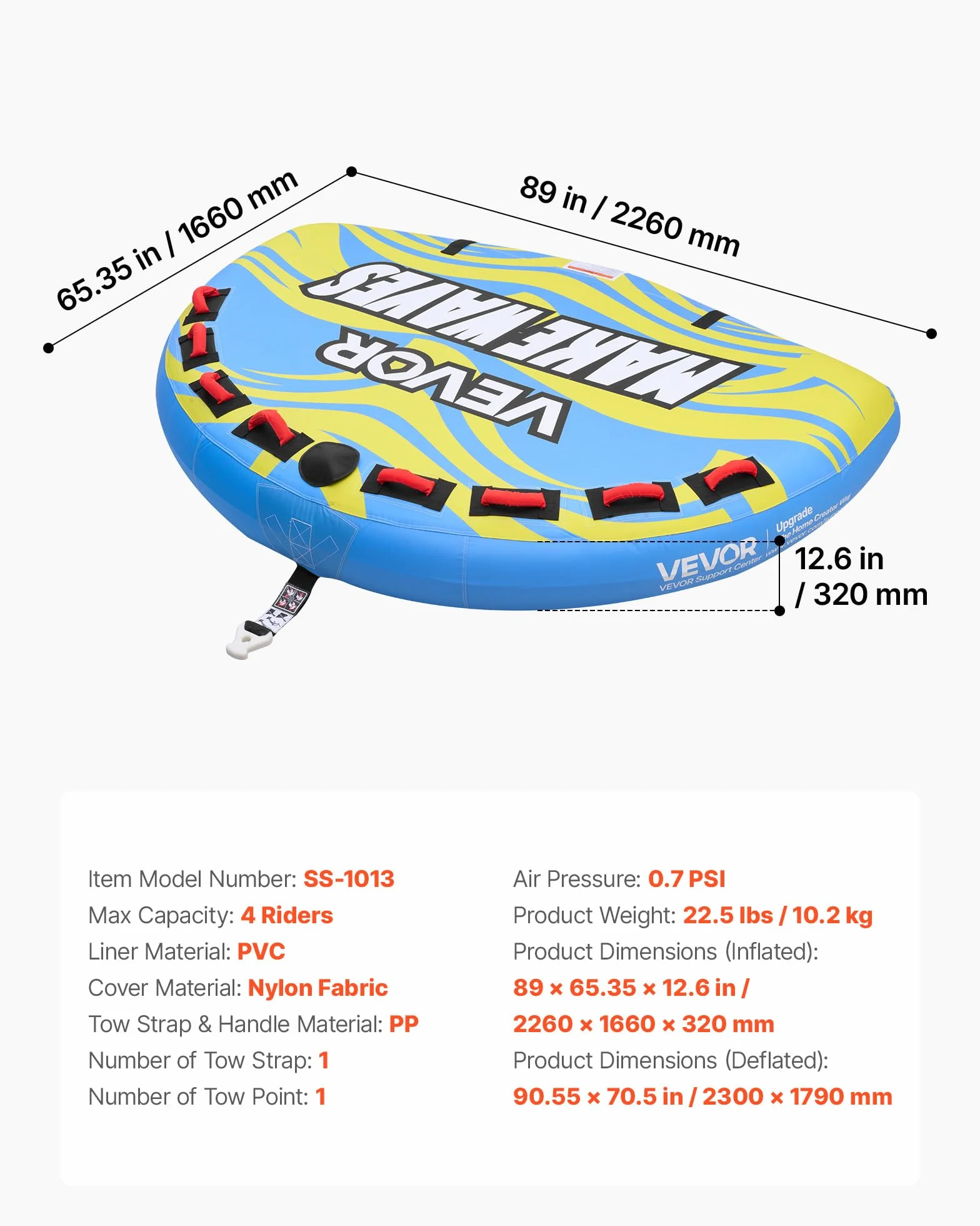 VEVOR Tubo Gommone Gonfiabile Trainabile per Barche da Mare, Tubo Trainabile Capienza ca. 4 Persone Carico Max 308 kg, Gommone per Barche Giochi Acquatici Divertimento, Copertura in Nylon, Blu
