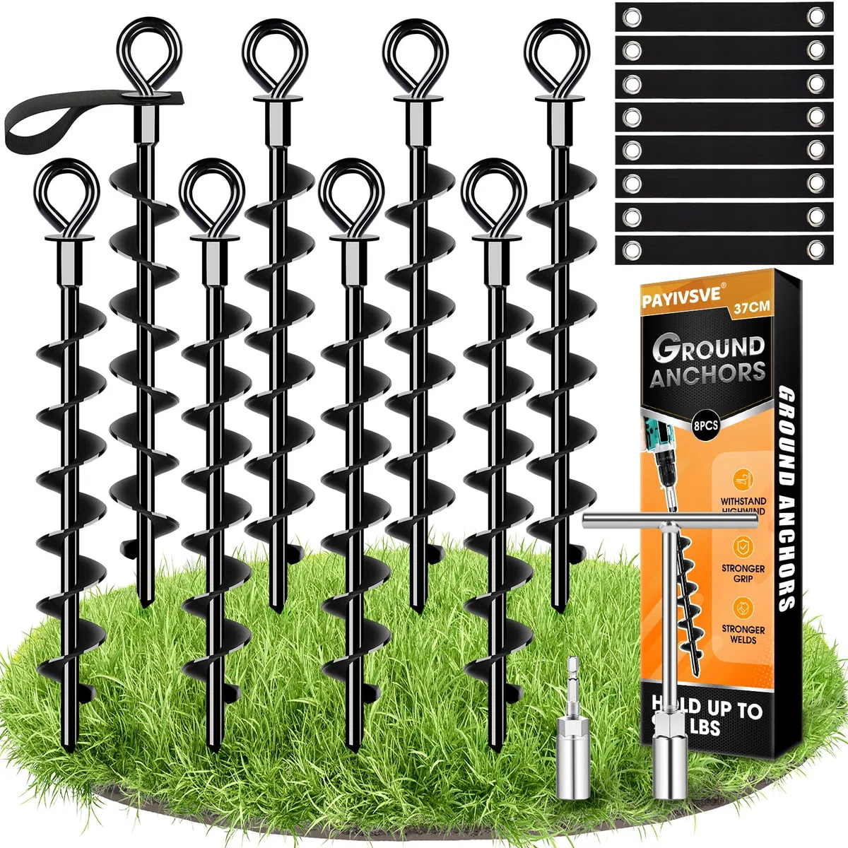 Ancoraggio a terra 8 Set con cinghie - vite intera e grande Trampolino Trampolino Ancoraggio a terra Set per un fissaggio sicuro nel terreno, per fissare il trampolino, la tettoia, l'altalena ecc