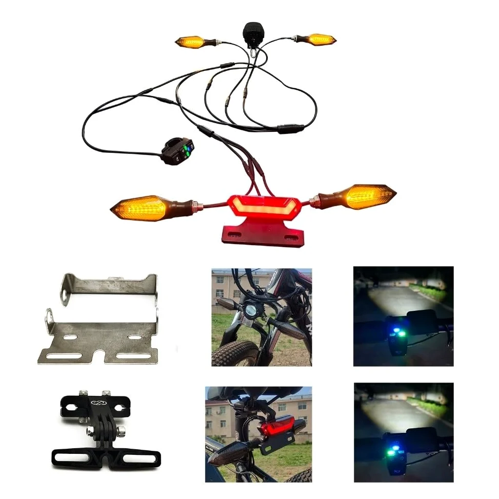 Kit completo di illuminazione per bici elettrica, 36 V, 48 V, 52 V, fari anteriori, posteriori, indicatori di direzione con luci fluide, set di sicurezza impermeabile IPX4 per triciclo elettrico della