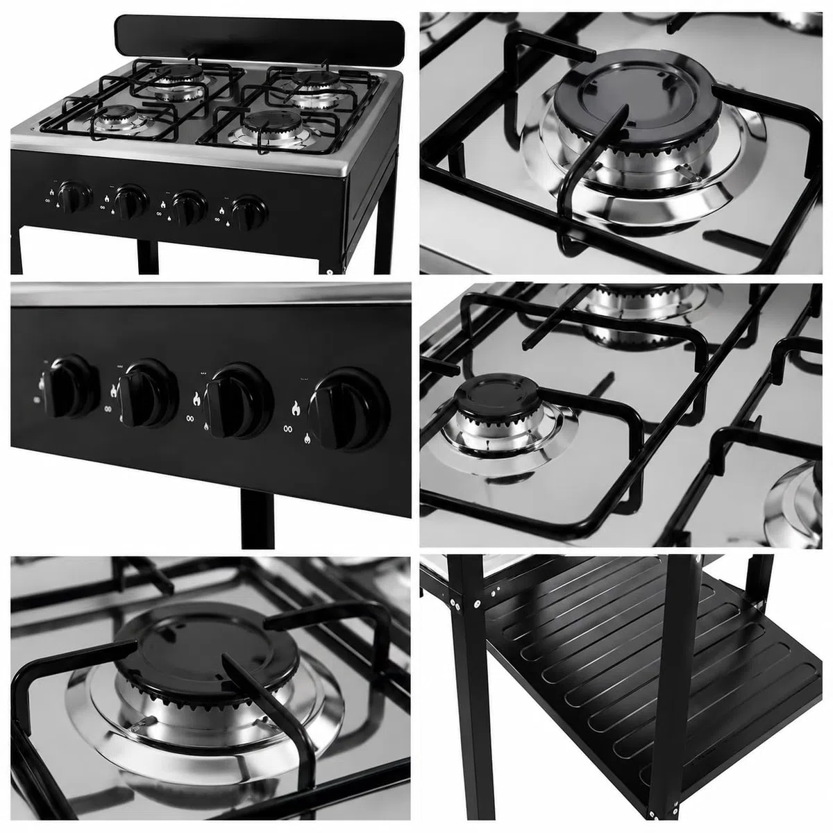 Fornello a Gas 4 Fuochi Portatile con Supporto a 2 Ripiani in Acciaio, Cucina da Esterno SOLO GPL/LPG, Accensione Piezoelettrica, Ideale per Campeggio Giardino Terrazzo Picnic