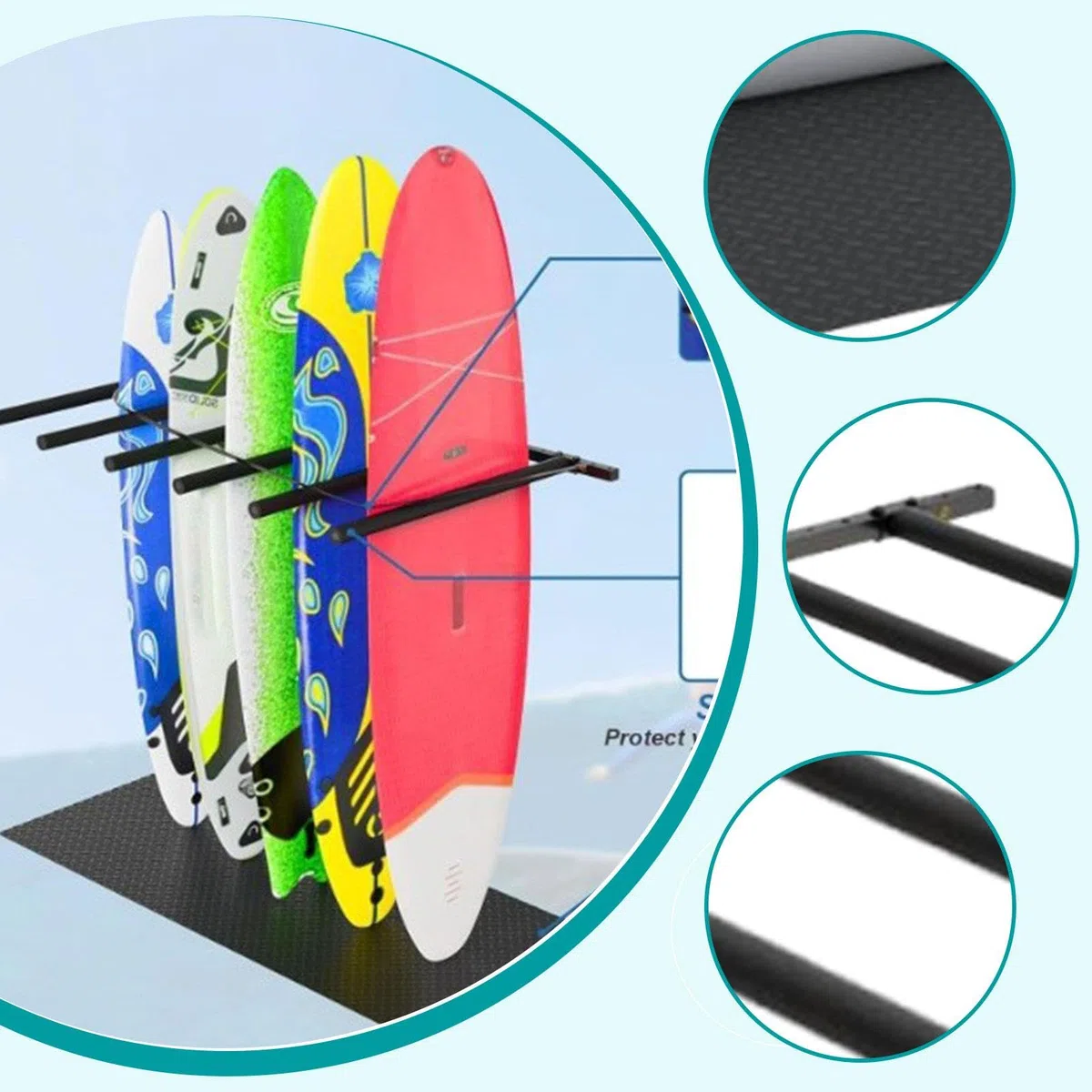 Porta Tavola da Surf Supporto Verticale Rastrelliera da Muro Espositore per 6 Tavole E Organizzatore per con Costruzione Resistente Adatto per Sp
