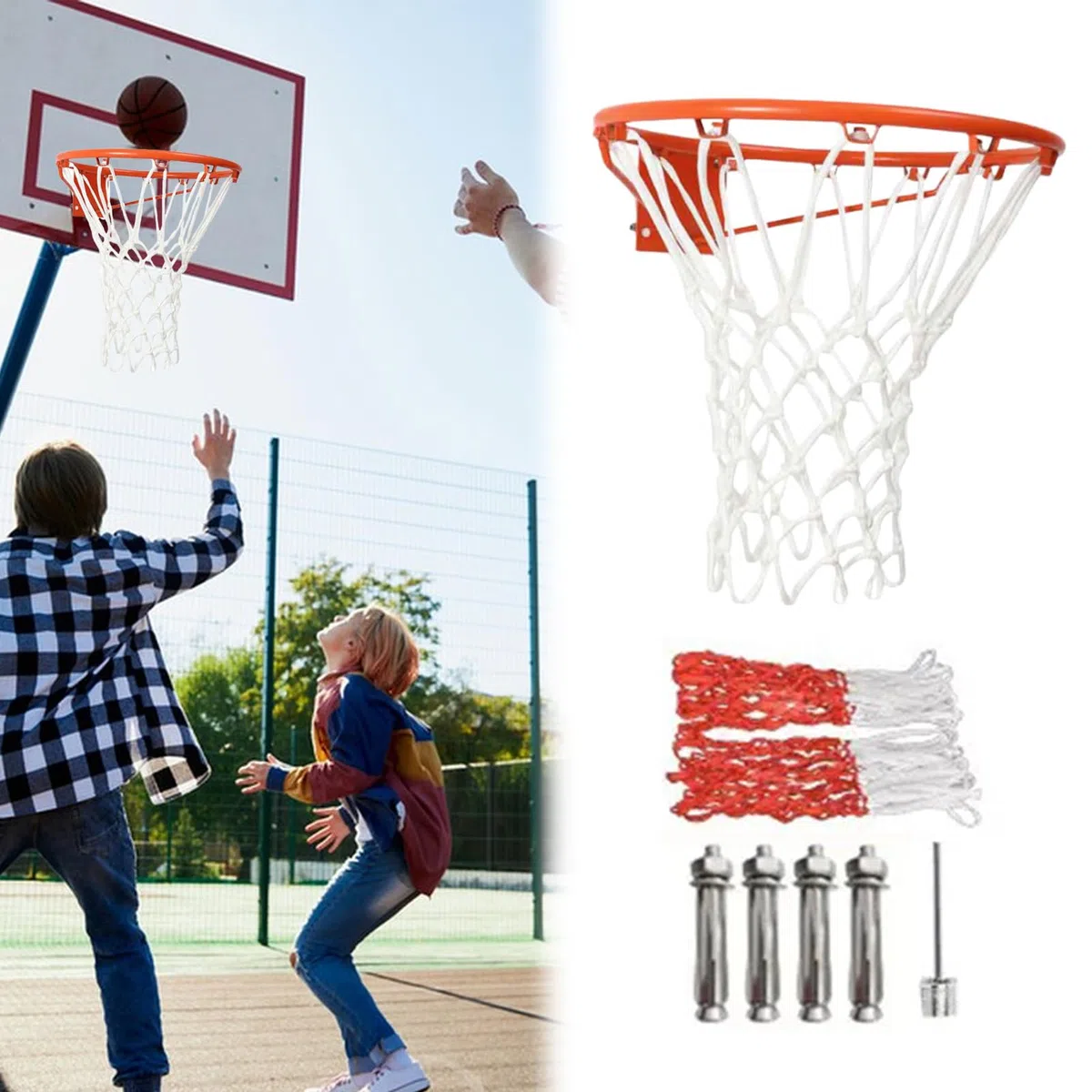 Canestro da basket da parete (35 cm), cerchio di ricambio per canestro da basket, con rete ispessita, per palloni da basket di dimensioni standard, include ago di gonfiaggio