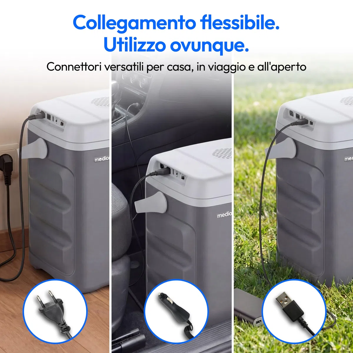 MEDION Borsa frigo termolettrica portatile 35 L, funzione raffreddamento e mantenimento caldo, 12 V accendisigari 230 V rete USB 5 V alimentazione, per auto barca campeggio, MD370030, grigio