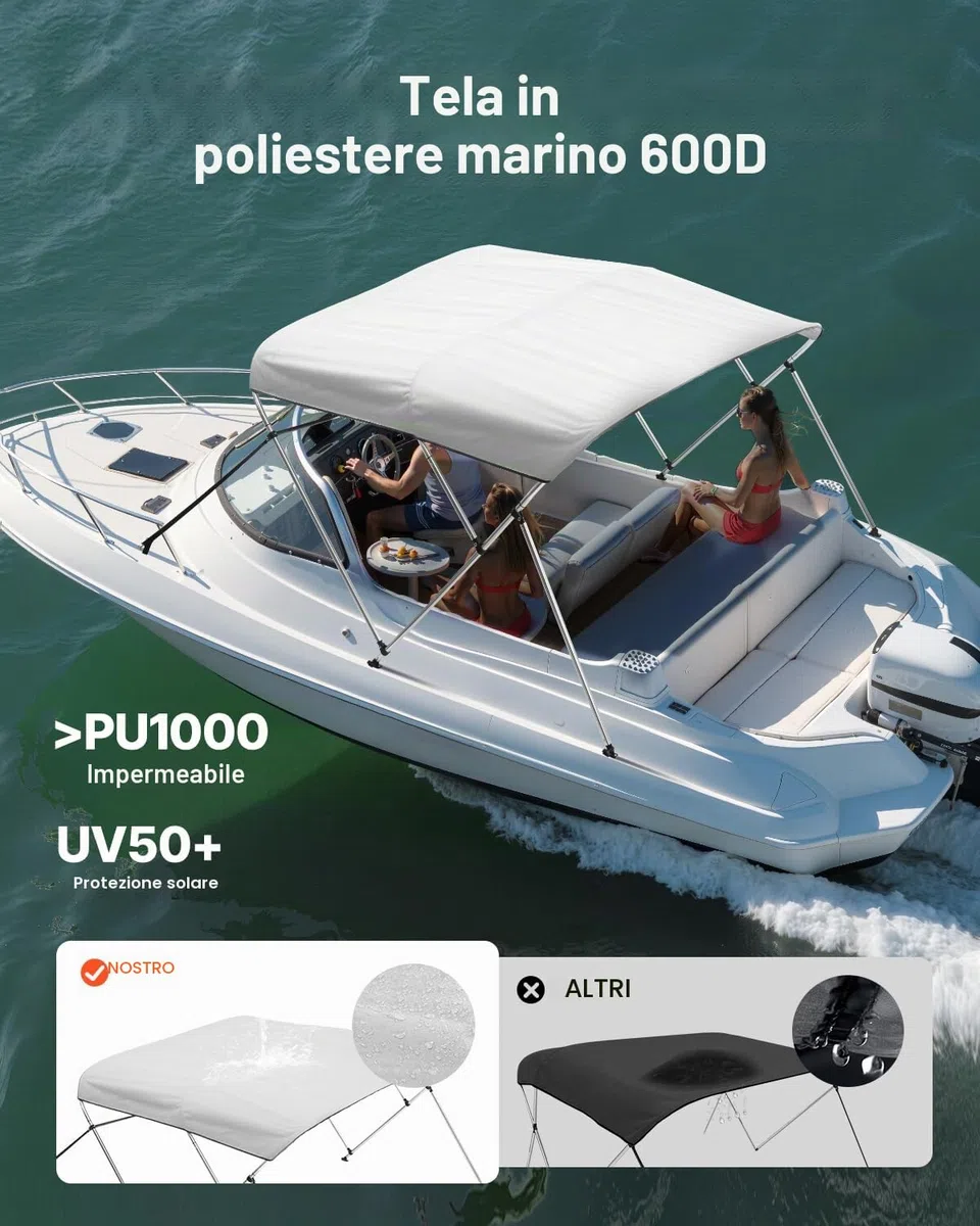 VEVOR Tendalino per Barca a 3 Archi, Parasole in Poliestere 600D con Telaio in Lega di Alluminio, Tettoia Parasole Impermeabile con Borsa Portaoggetti, Larghezza 155 a 168 cm Grigio Chiaro
