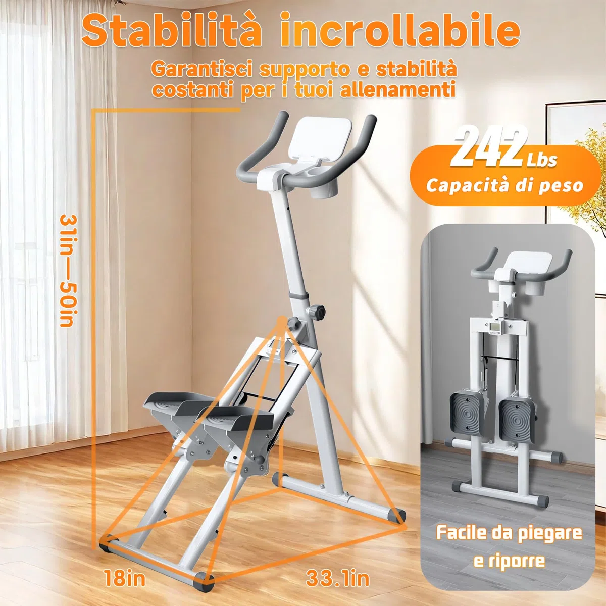 Tapis roulant verticale pieghevole per la casa con cavalletto e slot per tazze Attrezzatura per esercizi per tutto il corpo Capacità di peso 242 libbre, larghezza e pedali regolabili