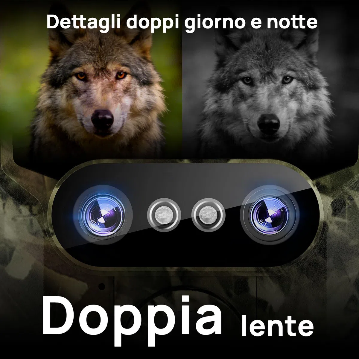 iZEEKER iG600 Fototrappola con Doppia Lente 4K 30fps 64MP, con Scheda SD 32GB, WiFi Bluetooth Fotocamera Caccia Visione Notturna Starlight Angolo di Rilevamento 120° Tempo di Trigger 0,1s IP66
