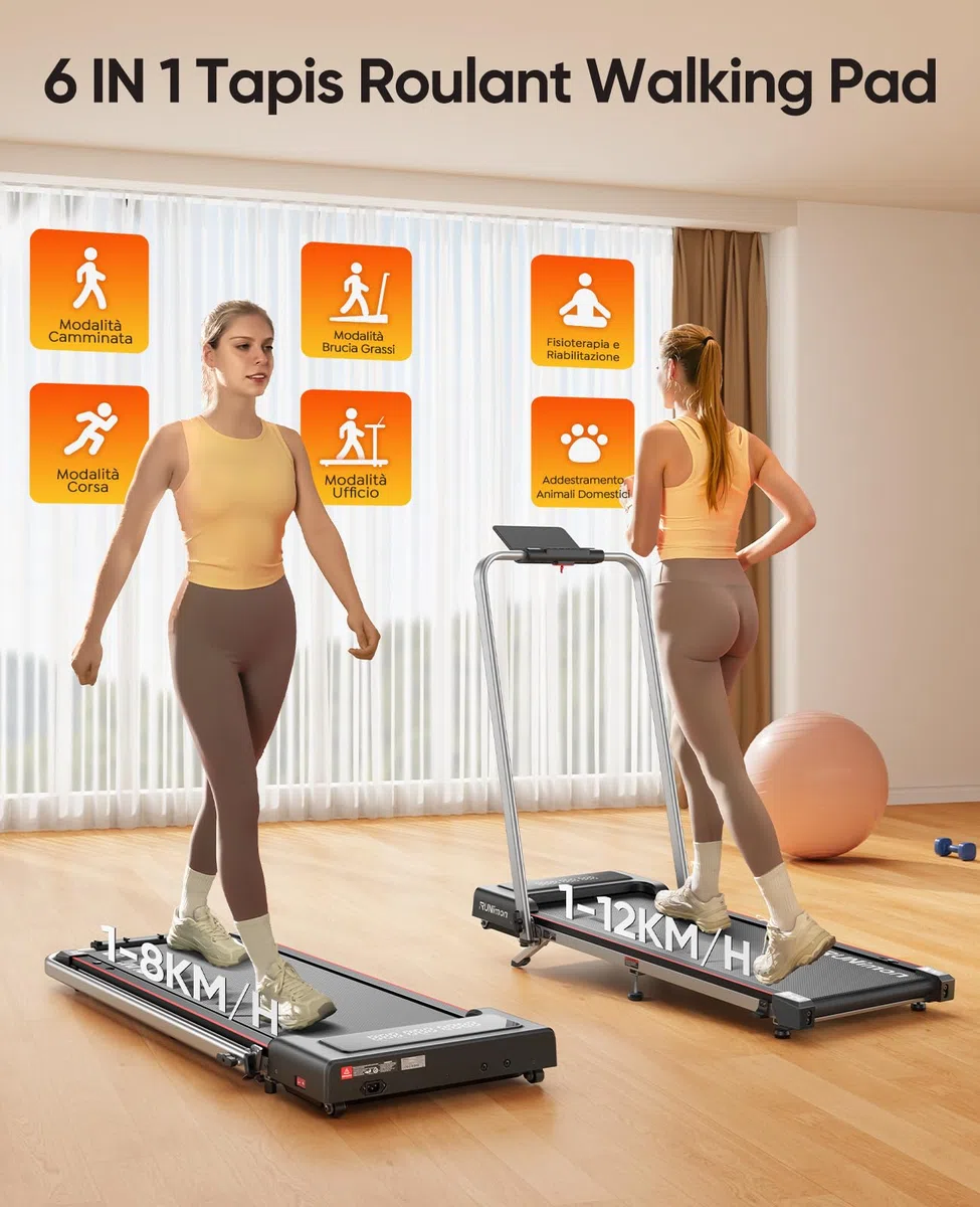 Tapis Roulant Elettrico Piehevole, 6 IN 1 Tapis Roulant Salvaspazio, Inclinazione 9%, 12 km/h, 2.5HP, Tapirulan con 2 Display LED, APP, Due Modalità di Controllo