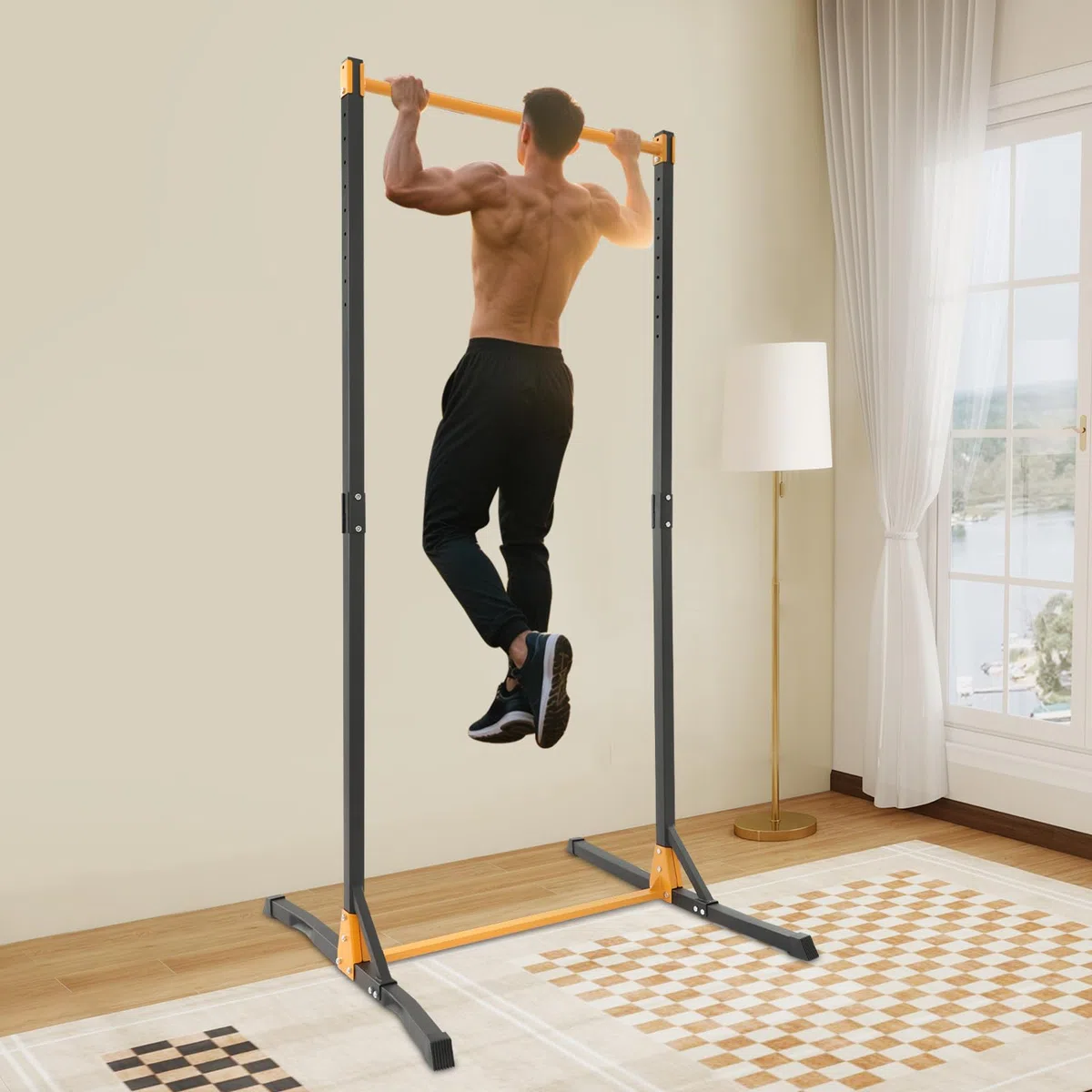 Sbarra per trazioni Power Tower, stazione per trazioni con 2 anelli, altezza regolabile in 11 livelli (160-215 cm), portata 400 kg, attrezzo fitness per casa