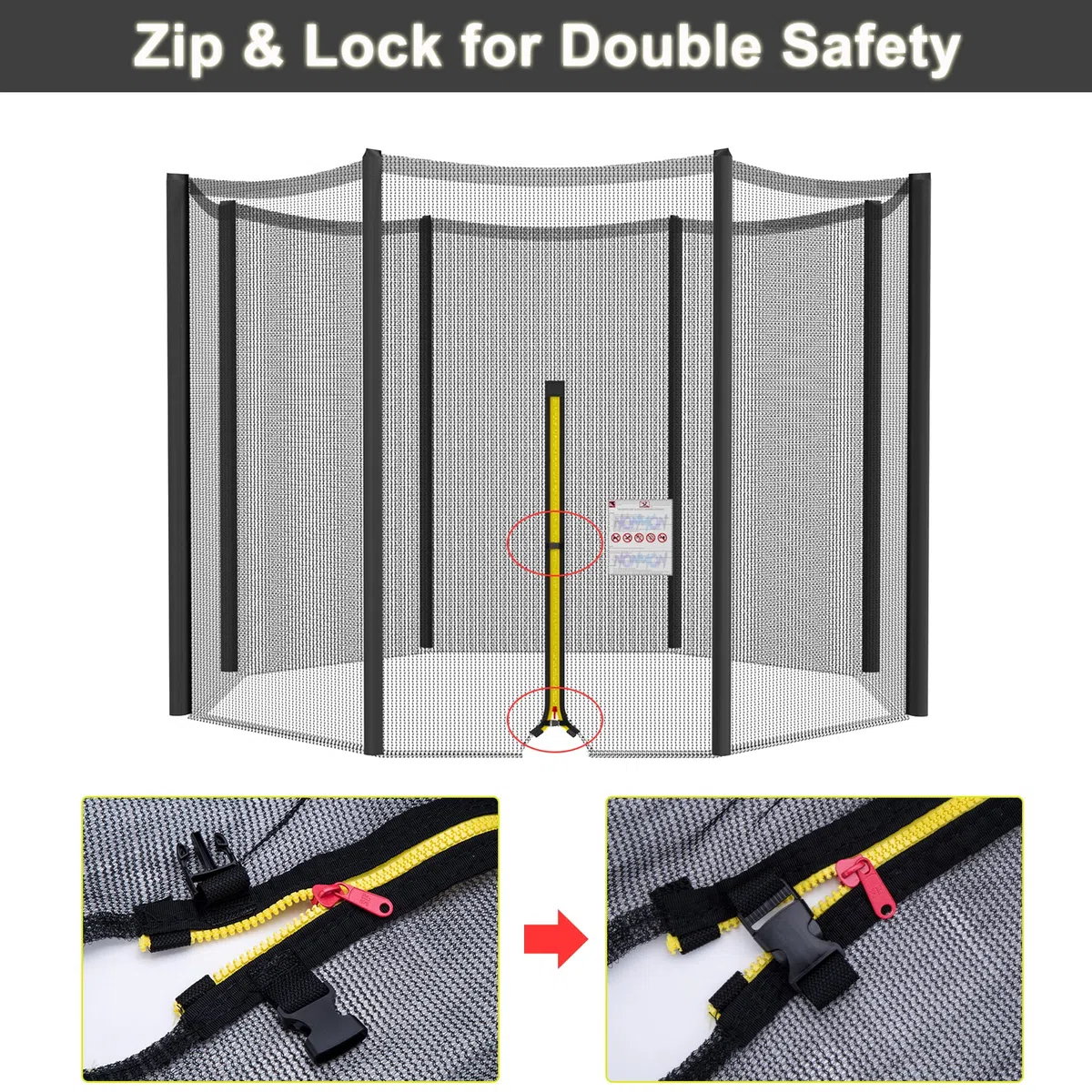 NONMON Rete di Sicurezza per Trampolino 244 305 366 397 427 cm con 6/8 Pali, Rete di Ricambio con Cerniera Fibbia, Rete di Protezione Esterno Antistrappo e Resistente ai Raggi UV