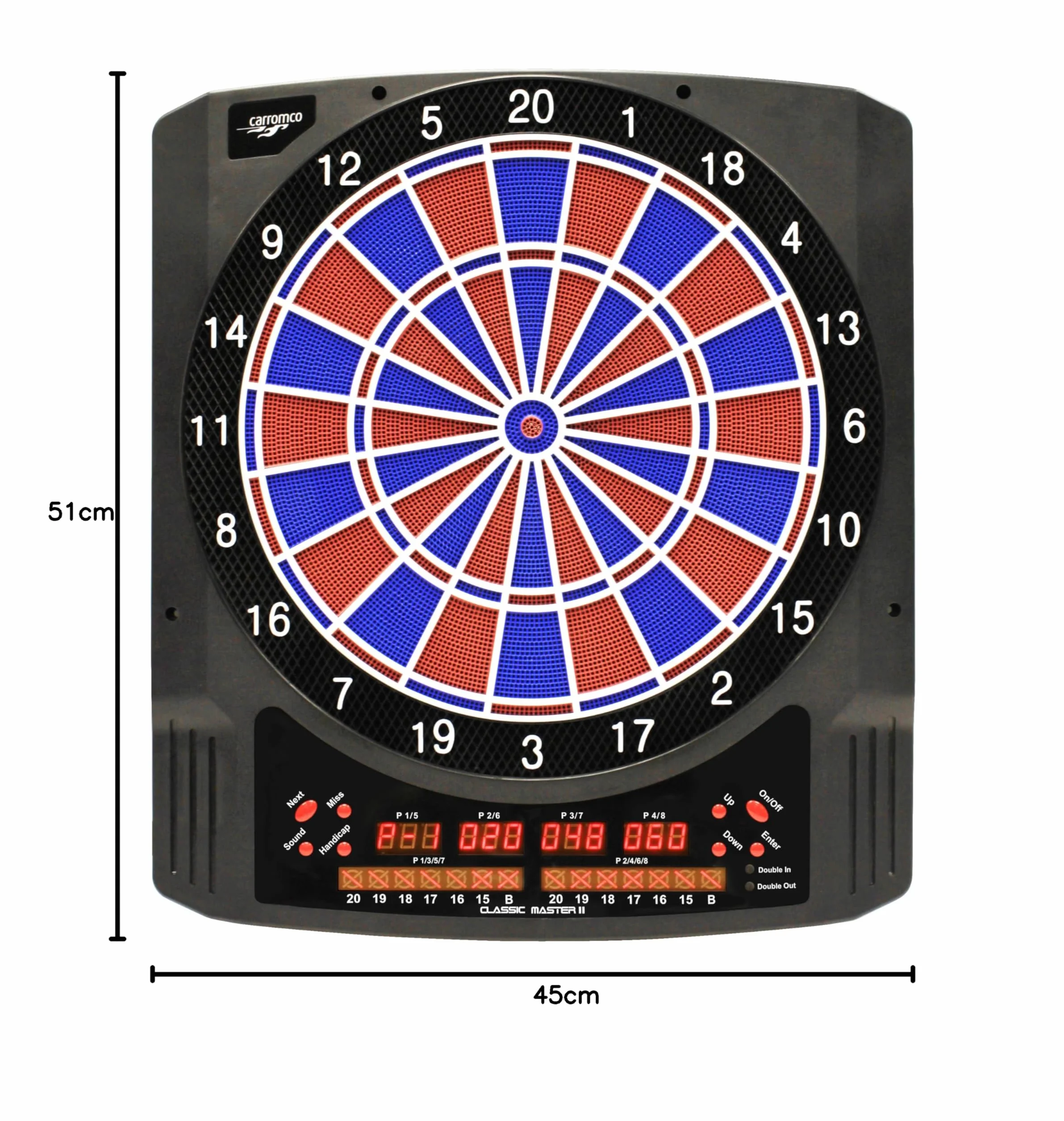 Carromco Bersaglio Freccette Elettronico - Classic Master II - Freccette con Punta in Plastica, 36 Giochi e 585 Varianti, Cricket, 6 Display LED, per 1-8 Giocatori