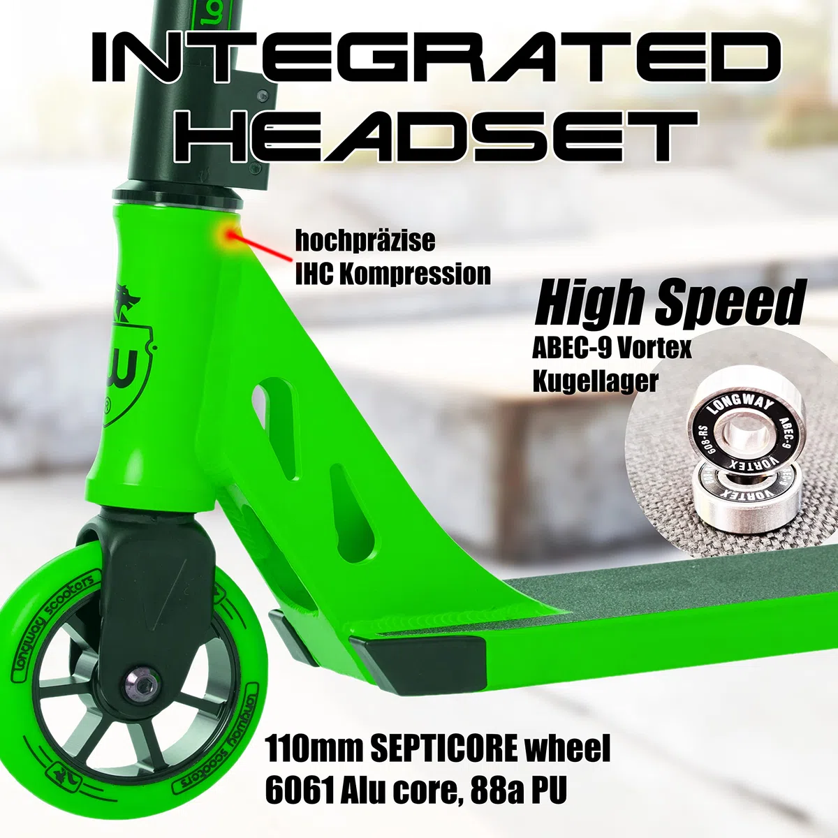 Longway Stunt Scooter – Summit – High End Profi StuntScooter, 6061 T6 Alu, cuscinetti a sfera ABEC 9, ruote da 110 mm con alluminio core, monopattino, scooter, scooter trick Scooter per bambini, ragazzi e professionisti, verde