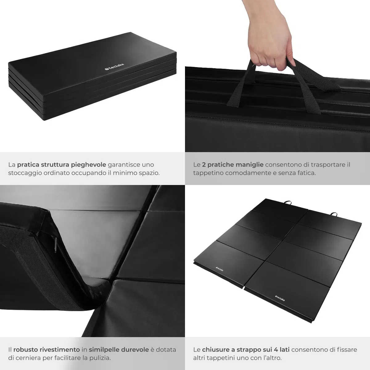 tectake® Tappetino da Ginnastica Pieghevole, Tappeto Fitness Portatile con Superficie Lavabile, Cinghia Trasporto, Tappetino Palestra, Sport, Casa, Yoga, Arti Marziali, 240x120x5 cm - Nero
