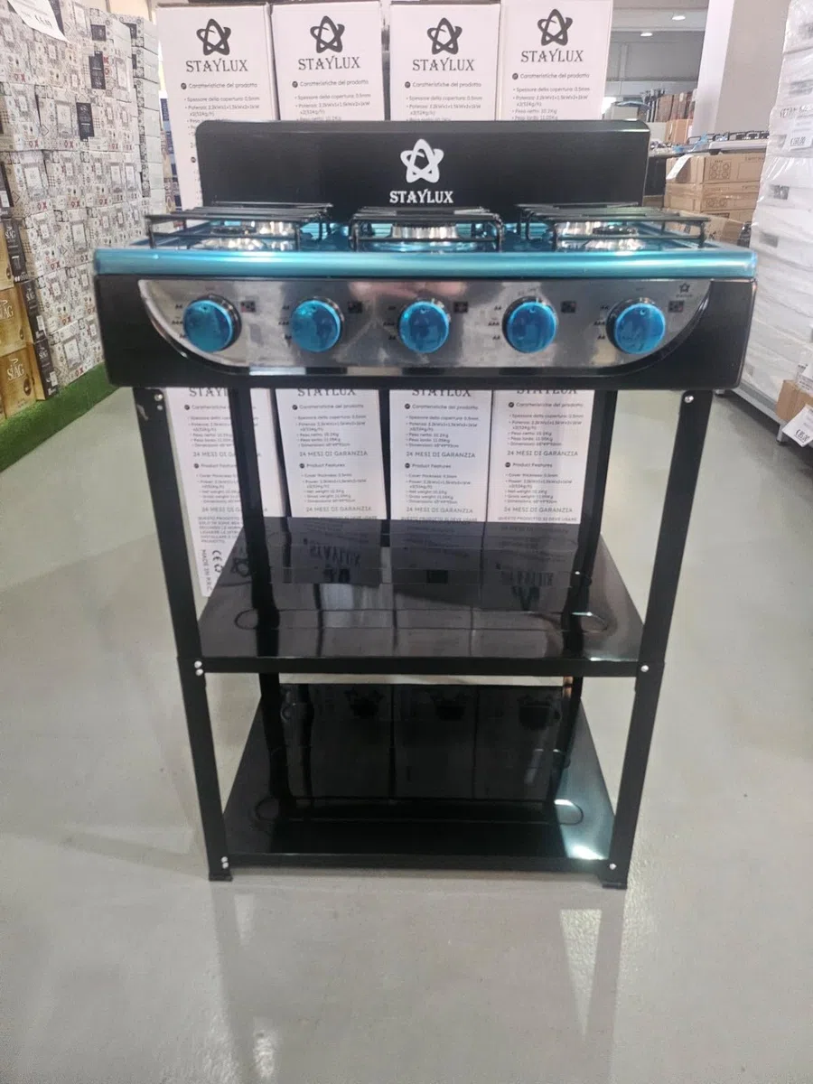 Piano cottura a Gas GPL 5 Fuochi da Esterno Cucinotto Portatile in Acciaio con 5 Bruciatori Potenti Piano Cottura con Paravento e Piedini per Attività all'Aperto Campeggio