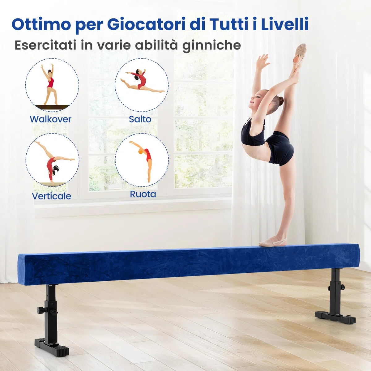 COSTWAY Trave Ginnastica Artistica per Casa Regolabile 226 cm, Trave di Equilibrio con Ruote e 3 Altezze Regolabili e Gambe Robuste per Principianti e Professionisti