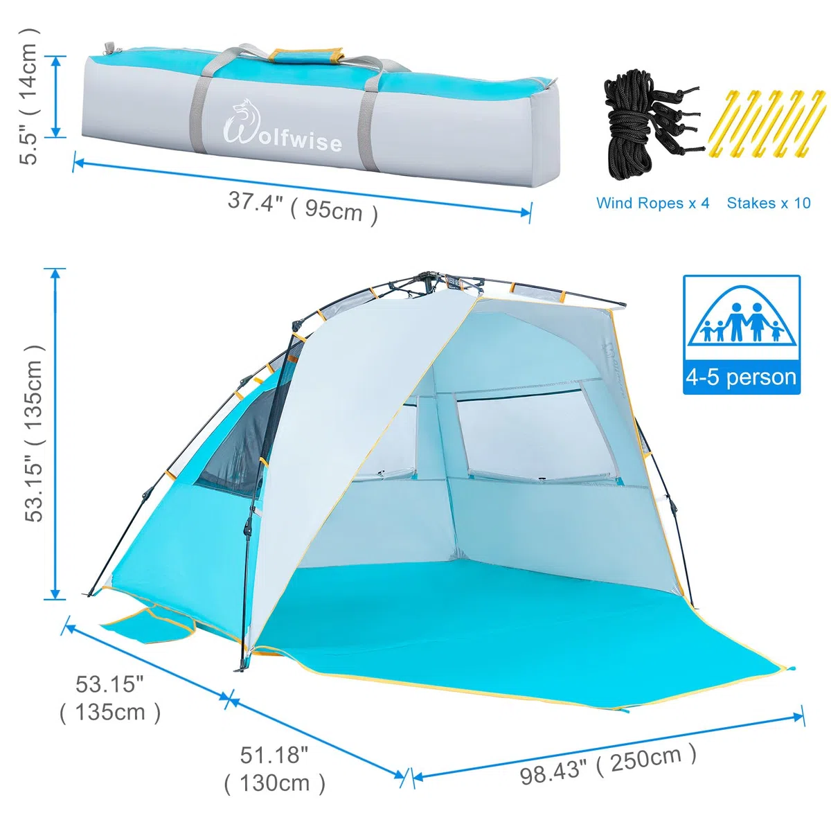 Wolfwise Tenda da spiaggia Quick Up UPF 50+, Tenda Parasole Familiare Portatile con Veranda Estesa, ideale per famiglia, campeggio e aperto