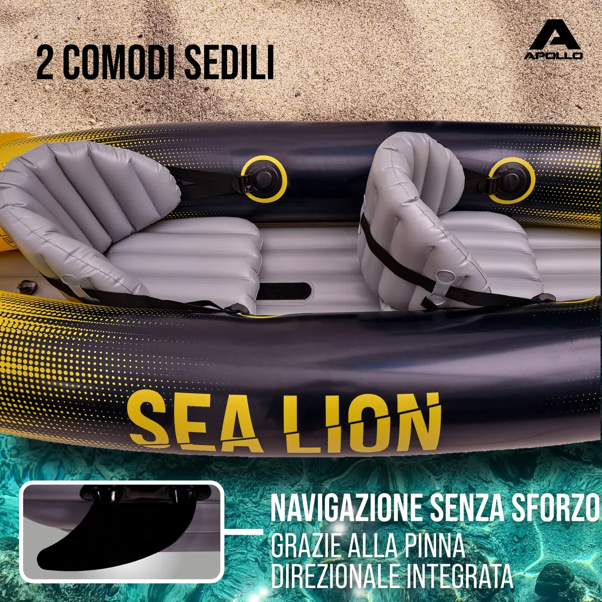 Apollo Kayak Sea Lion | Gonfiabile 2 Posti, Super Capiente 312 x 91 x 51 cm | Canoa Stabile e Leggera | Comodo e Maneggevole per 2 Persone | Set Completo Pronto all'Uso